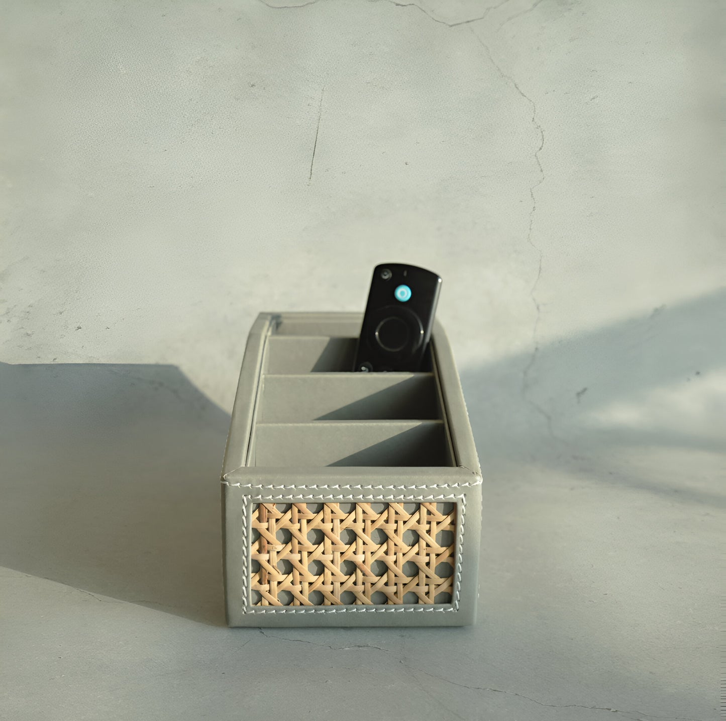 Stone Gray PU Leather & Rattan Remote Control Organiser