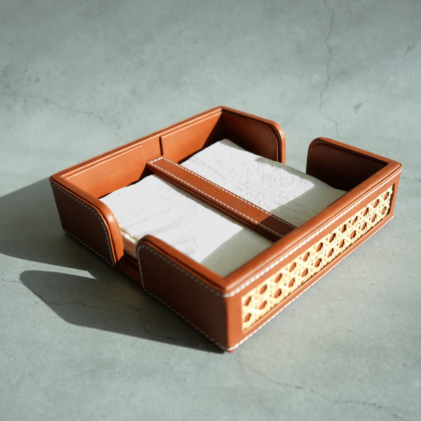 Tan Brown PU Leather & Rattan Tissue Holder with Weighted Bar