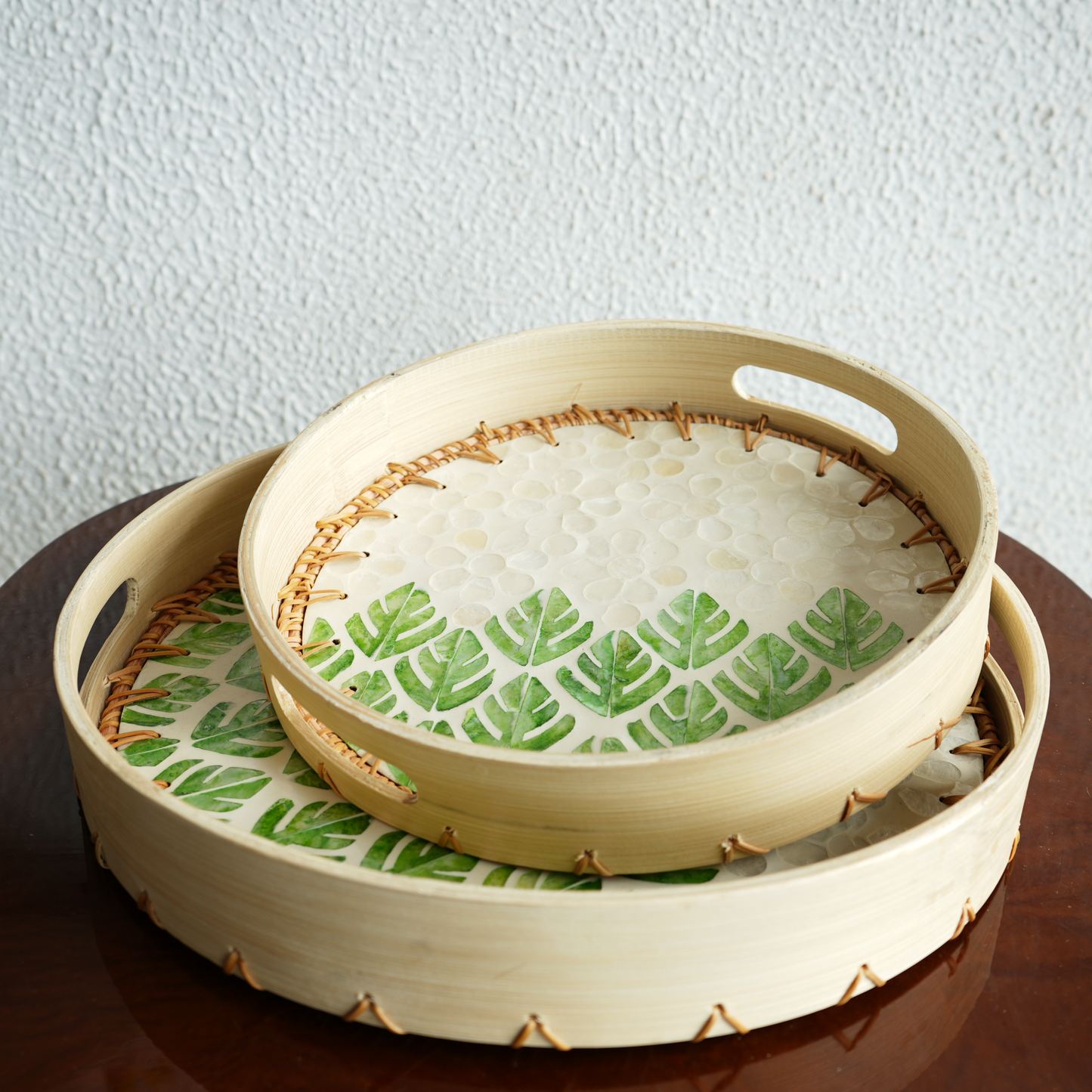 Large Round Mother-of-Pearl & Cane Serving Tray - Botanic