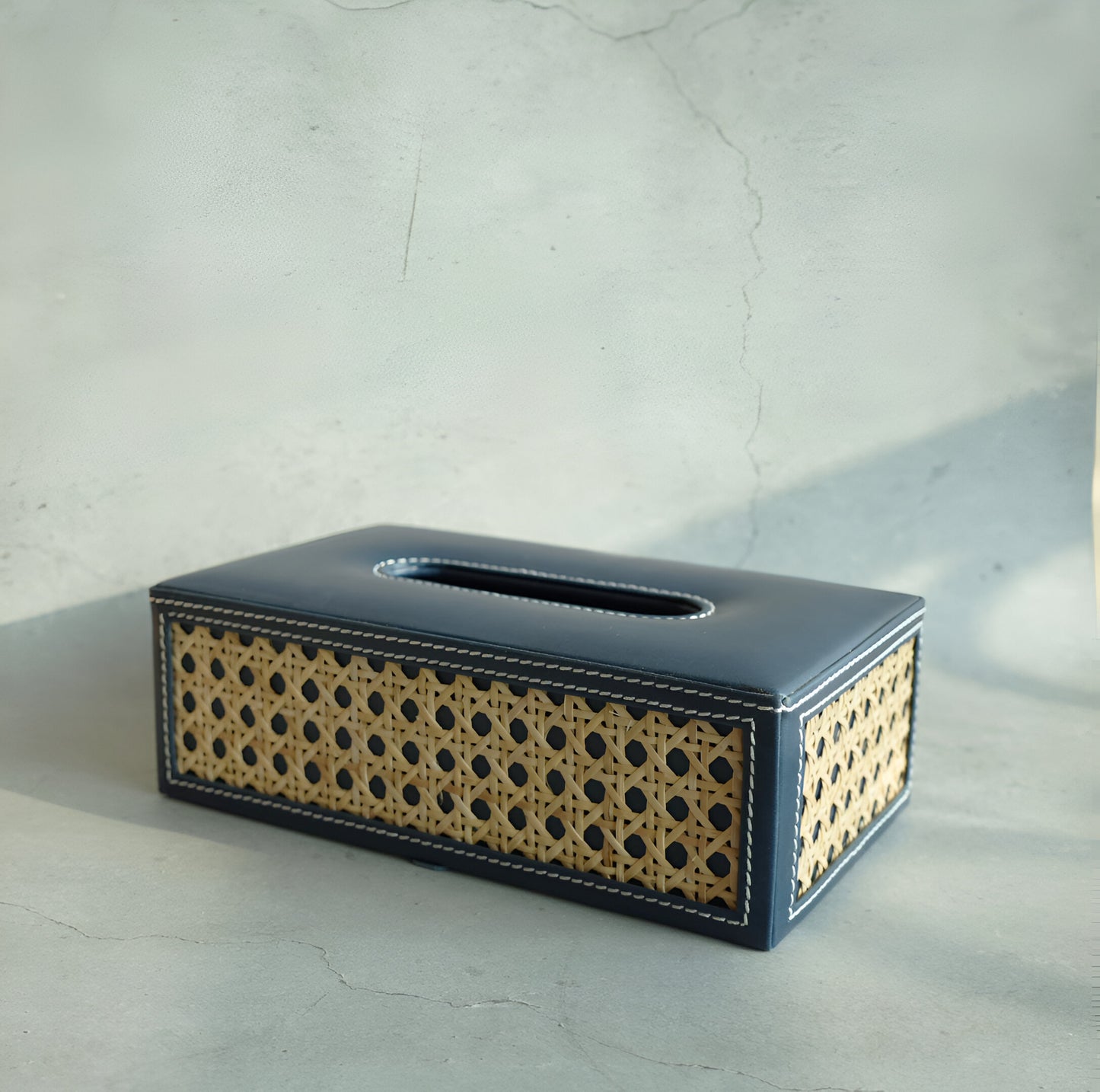 Steel Blue PU Leather & Rattan Tissue Box - Rectangle