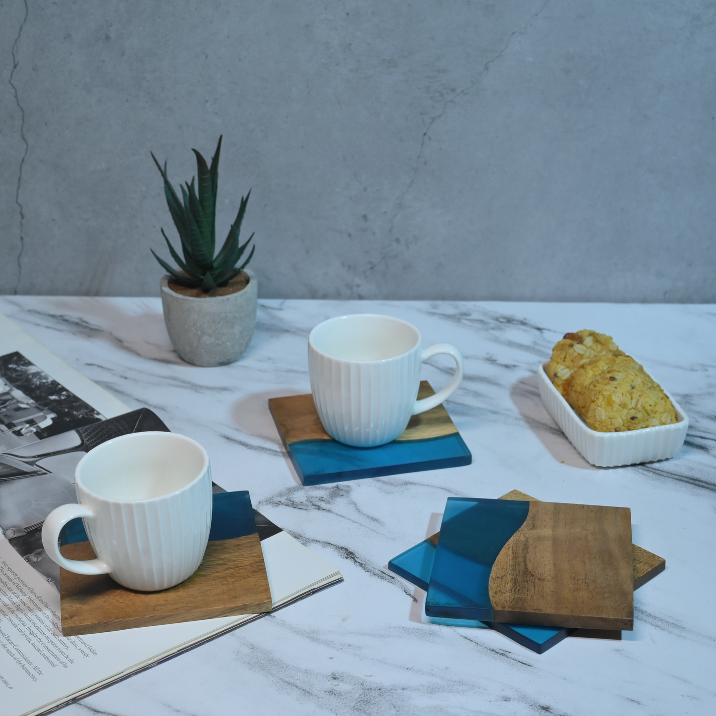 Turquoise Resin and Wooden Square Coasters- Set of 4