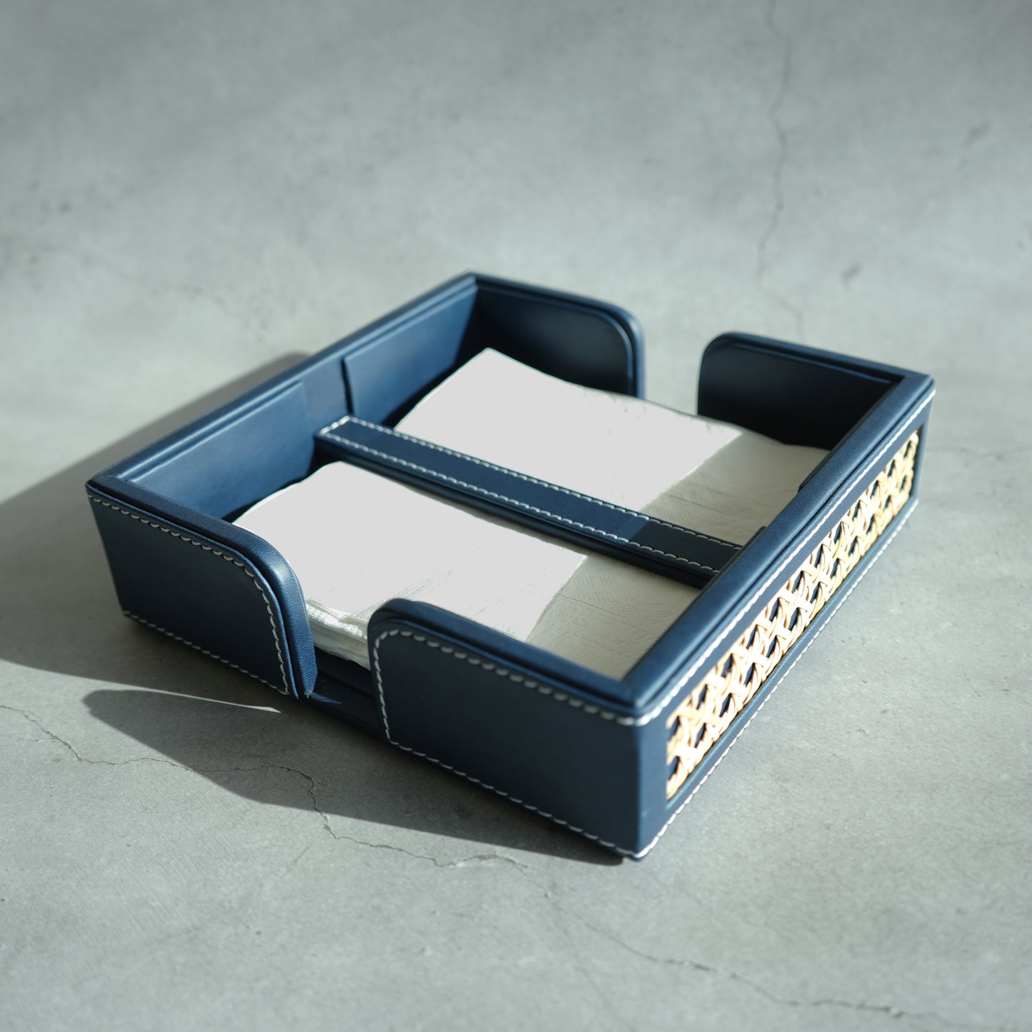 Steel Blue PU Leather & Rattan Tissue Holder with Weighted Bar