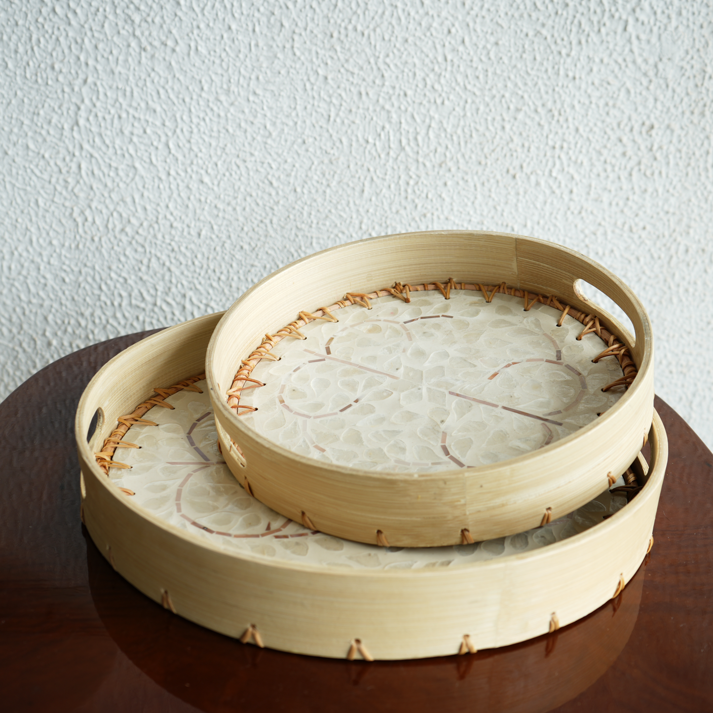 Regular Round Mother-of-Pearl & Cane Serving Tray -Pearl White