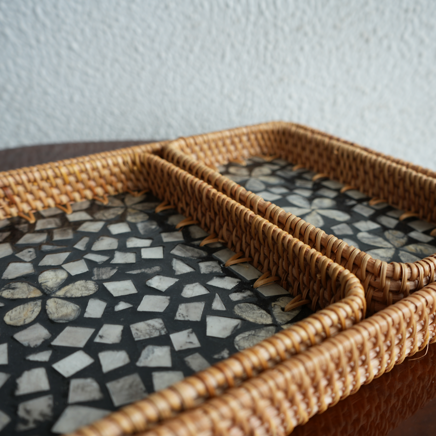 Set of 3 Mother-of-Pearl & Cane Serving Tray - Noir