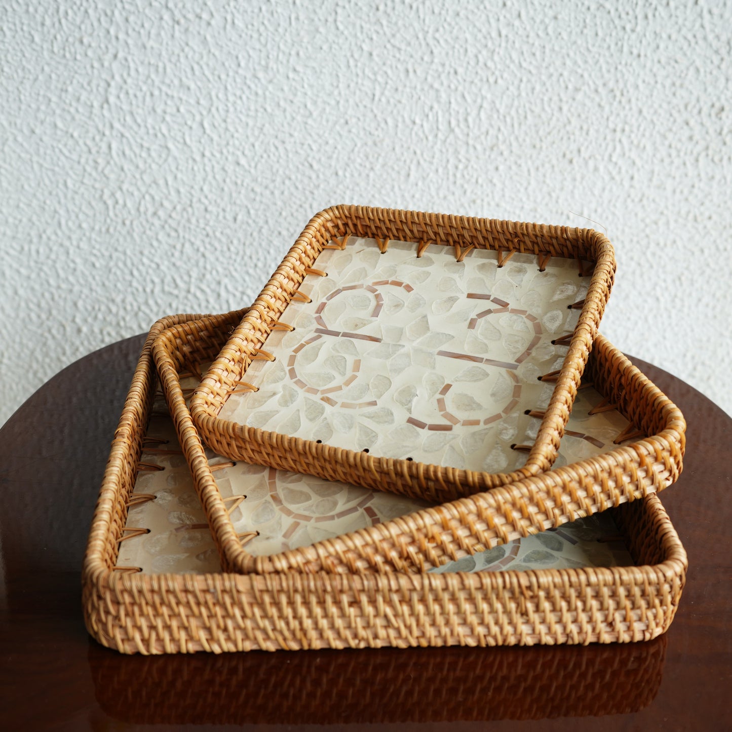 Small Square Mother-of-Pearl & Cane Serving Tray - Pearl White