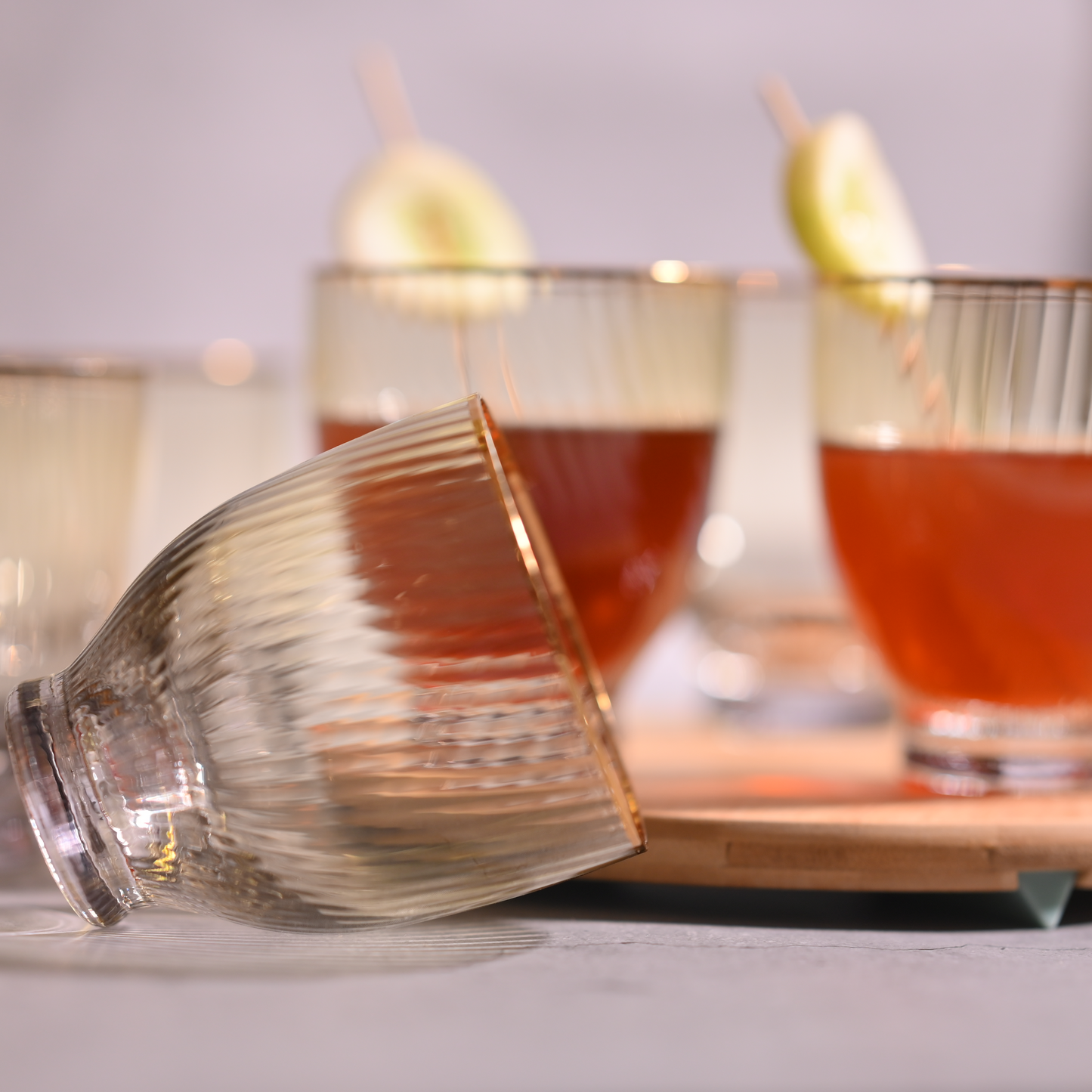 Yellow Tinted Ribbed Glass- Short- Set of 6