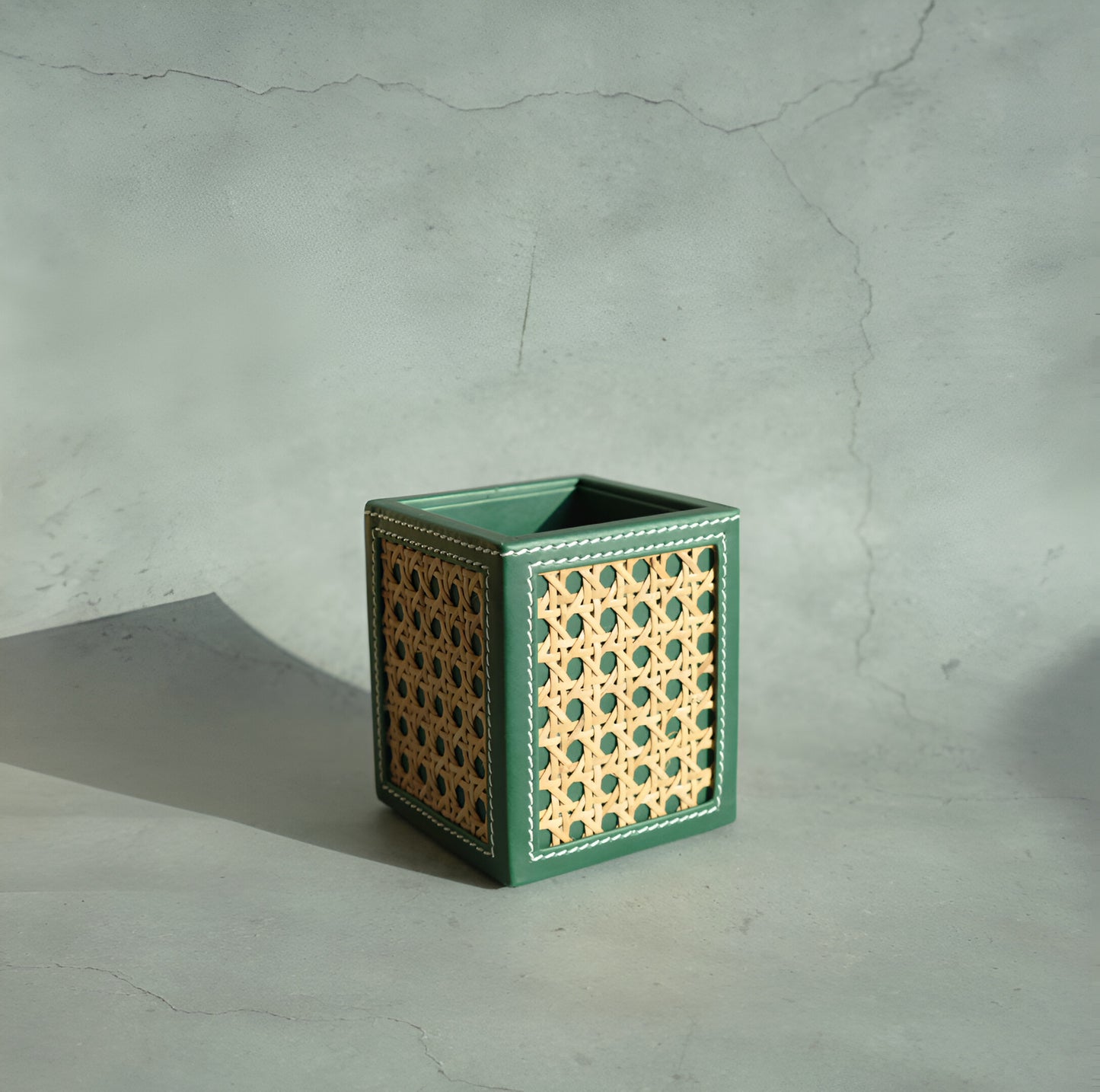 Emerald Green PU Leather & Rattan Stationery Holder