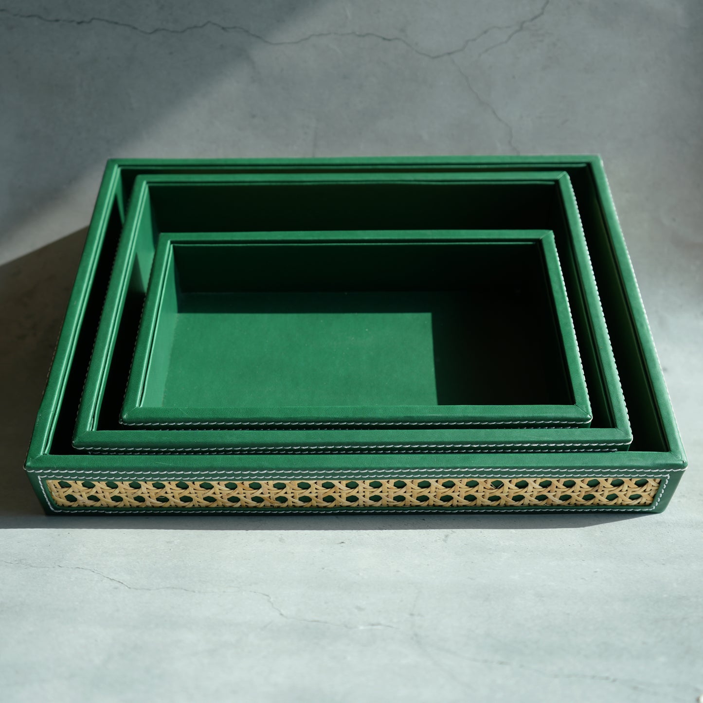 Emerald Green PU Leather & Rattan Serving Tray - Large