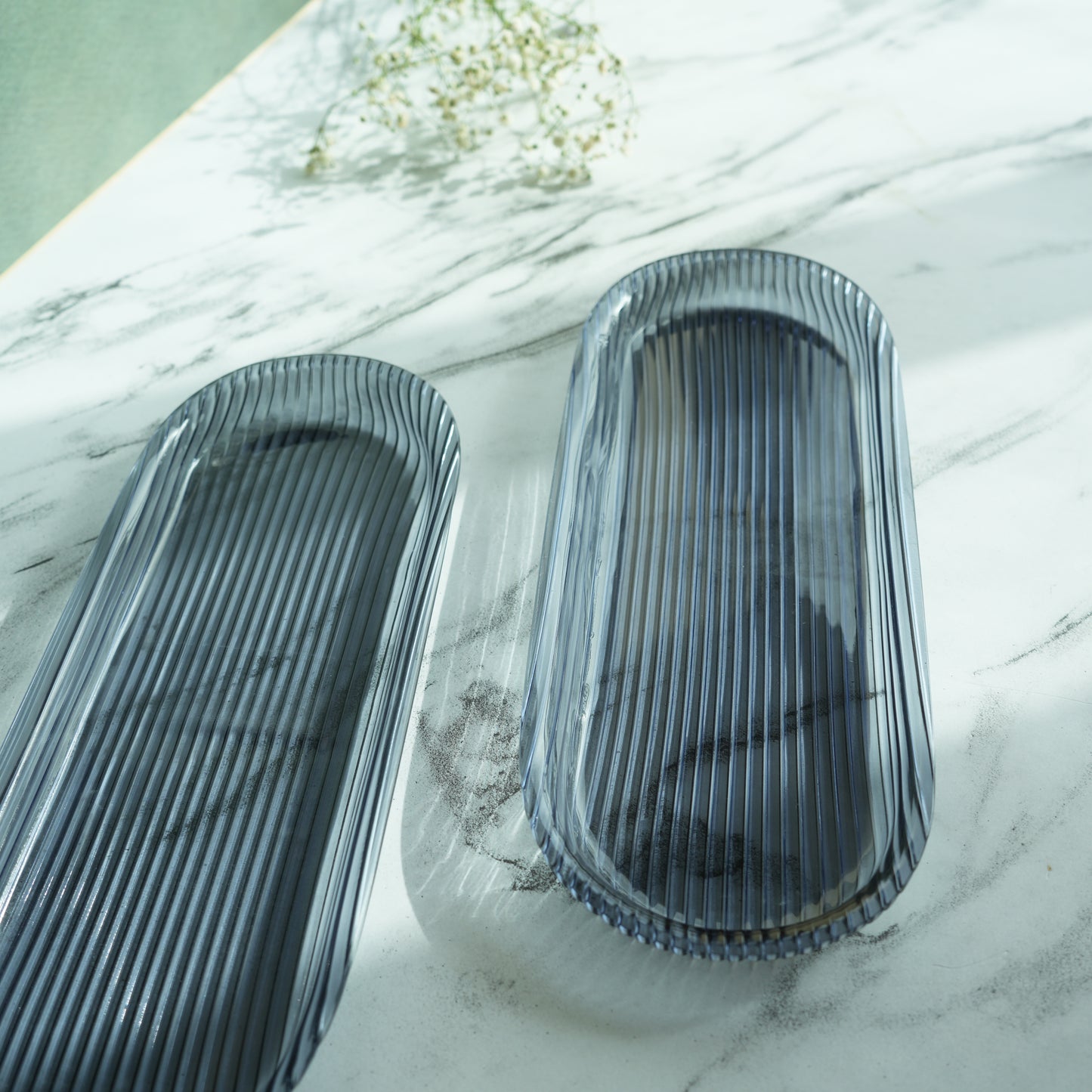 Aqua Ribbed Acrylic Oblong Serving Tray- Pack of 2