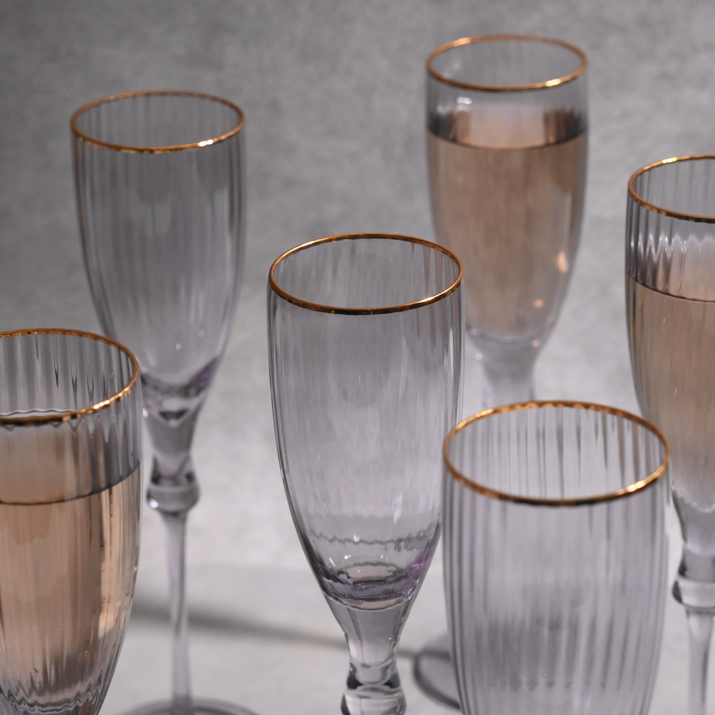 Gray Tinted Ribbed Champagne Flute Glass- Set of 6