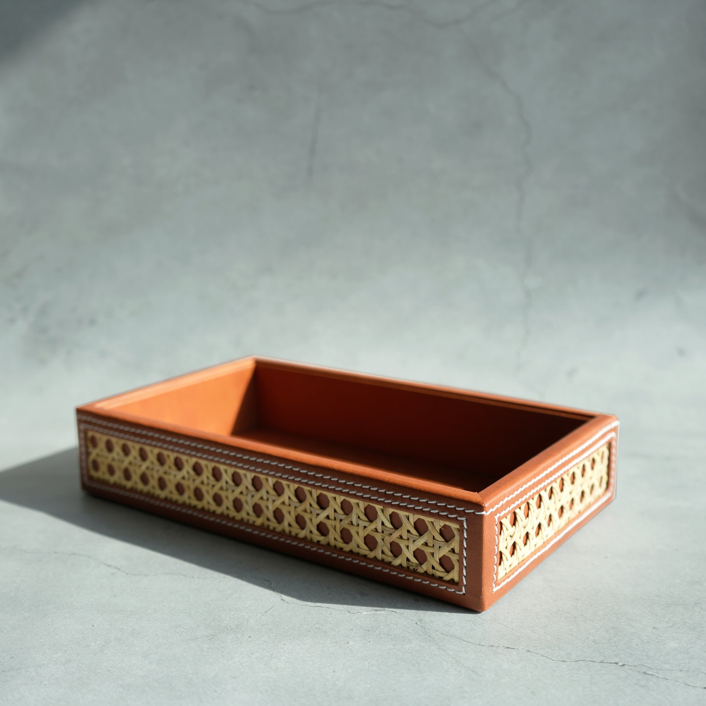 Tan Brown PU Leather & Rattan Serving Tray - Small