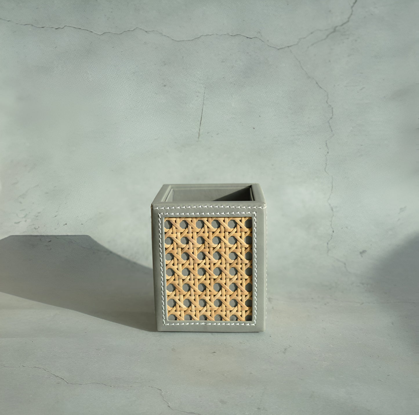 Stone Gray PU Leather & Rattan Stationery Holder