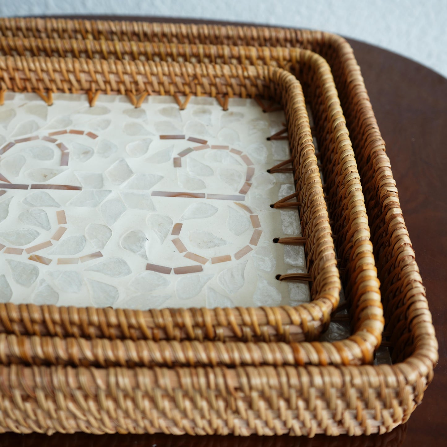 Small Square Mother-of-Pearl & Cane Serving Tray - Pearl White