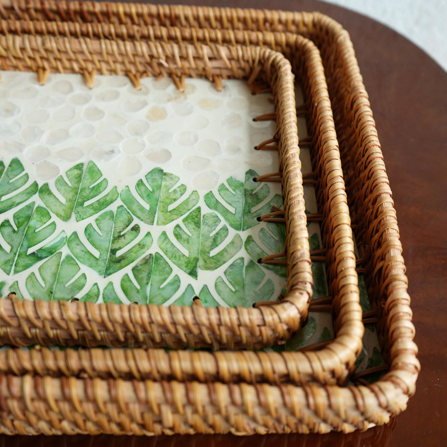 Small Square Mother-of-Pearl & Cane Serving Tray - Botanic