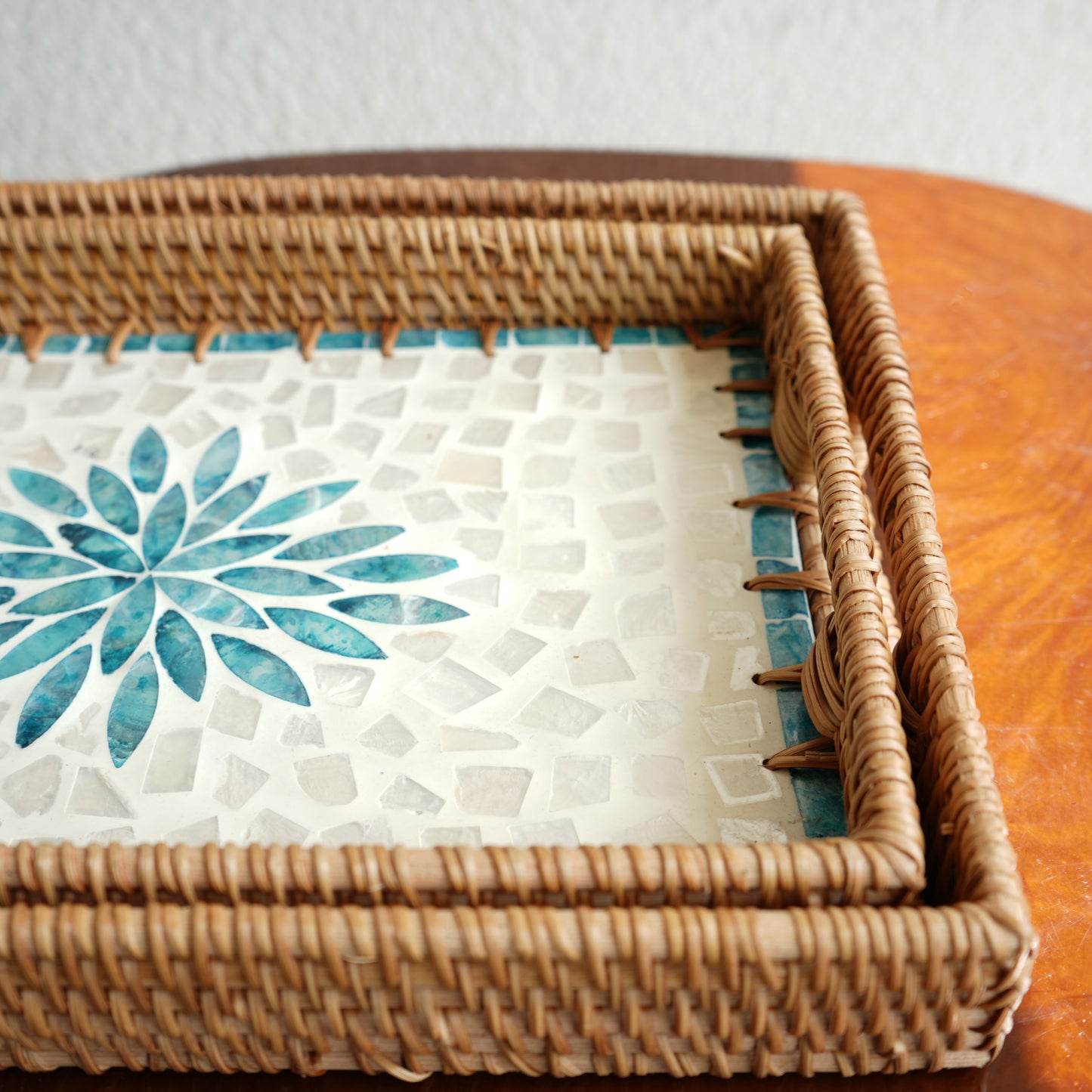 Large Rectangular Mother-of-Pearl & Cane Serving Tray - Aqua