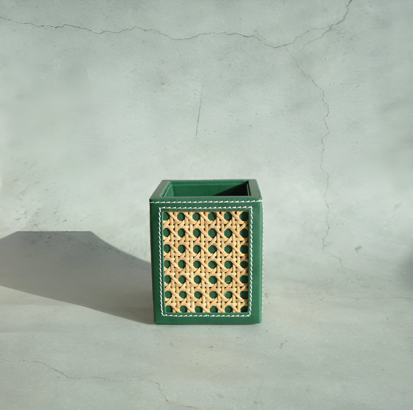 Emerald Green PU Leather & Rattan Stationery Holder