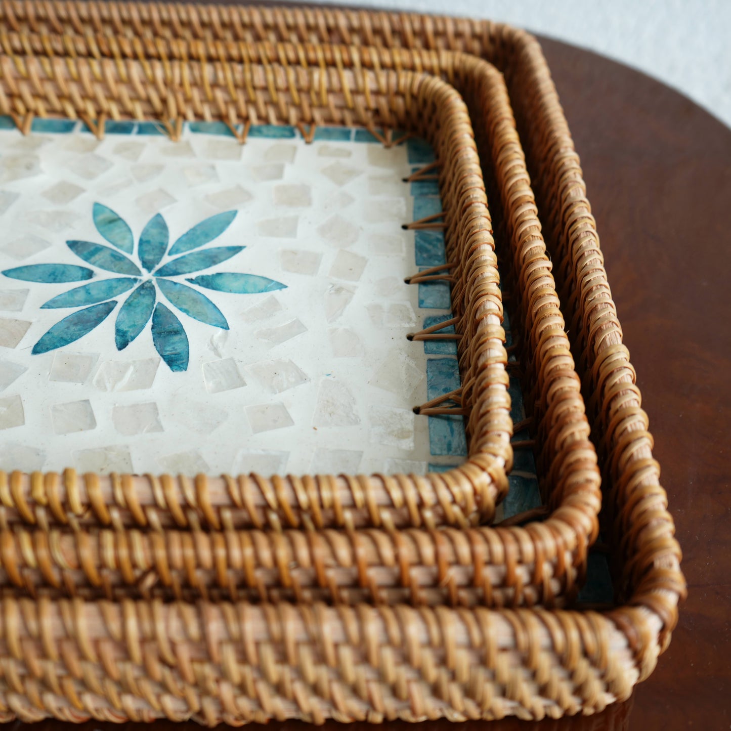 Large Square Mother-of-Pearl & Cane Serving Tray - Aqua