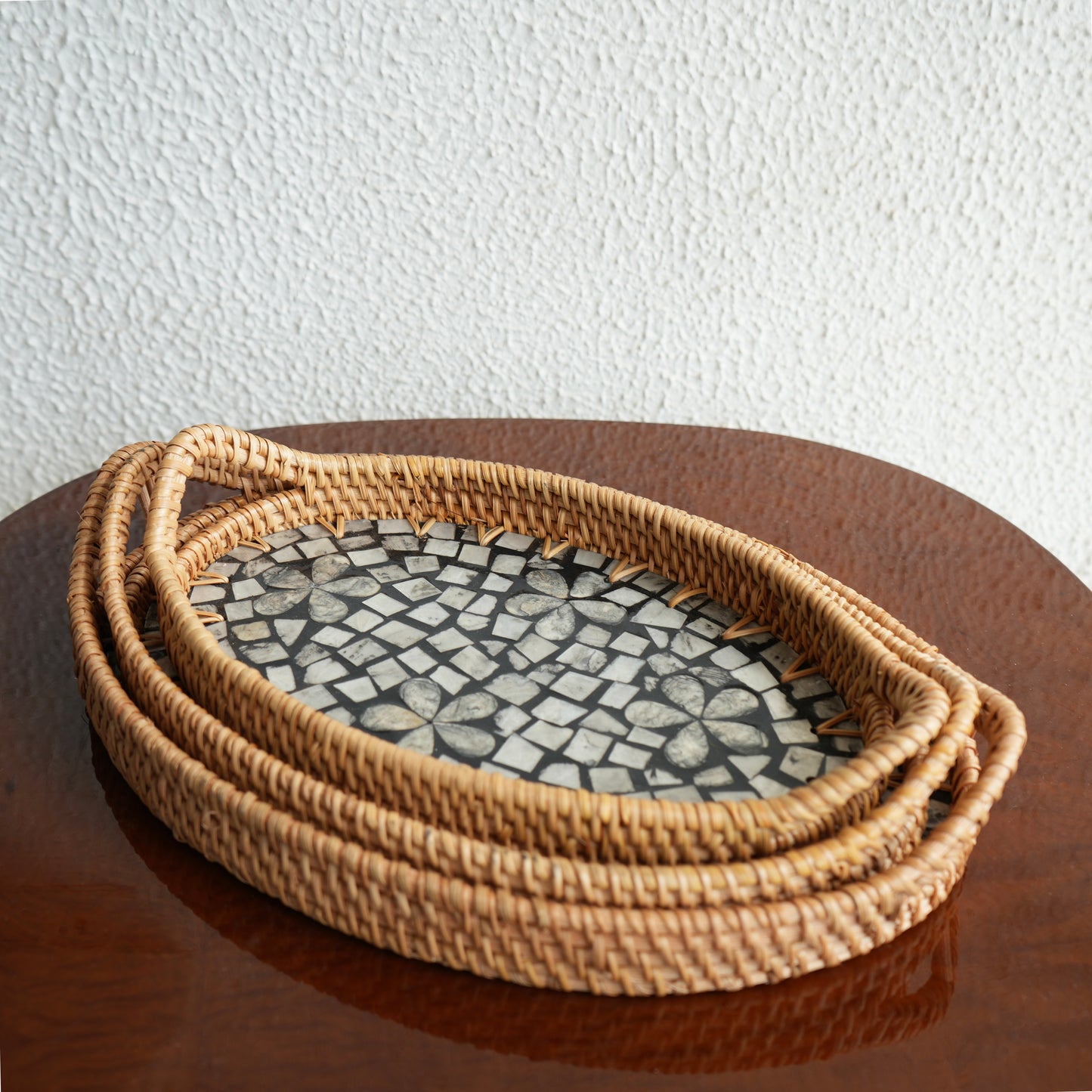 Small Oval Mother-of-Pearl & Cane Serving Tray - Noir
