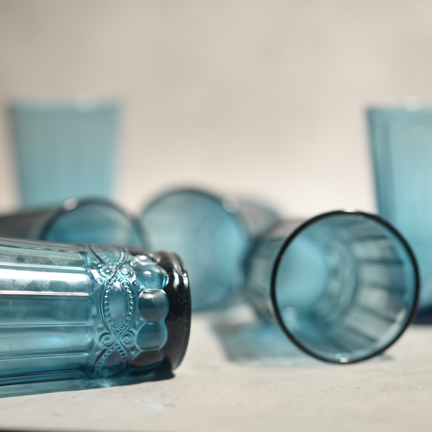 Blue Tinted Textured Glass- Tall- Set of 6