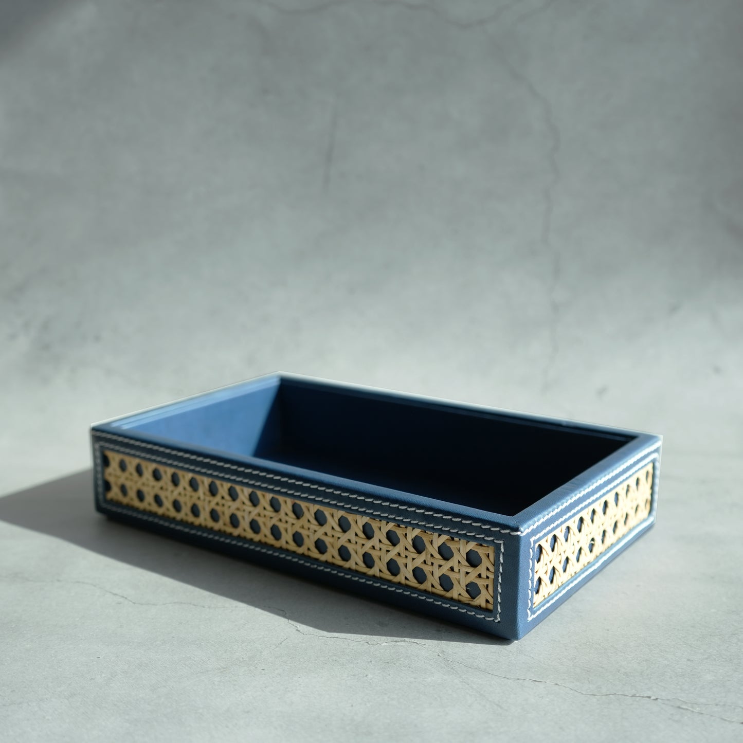 Steel Blue PU Leather & Rattan Serving Tray - Small