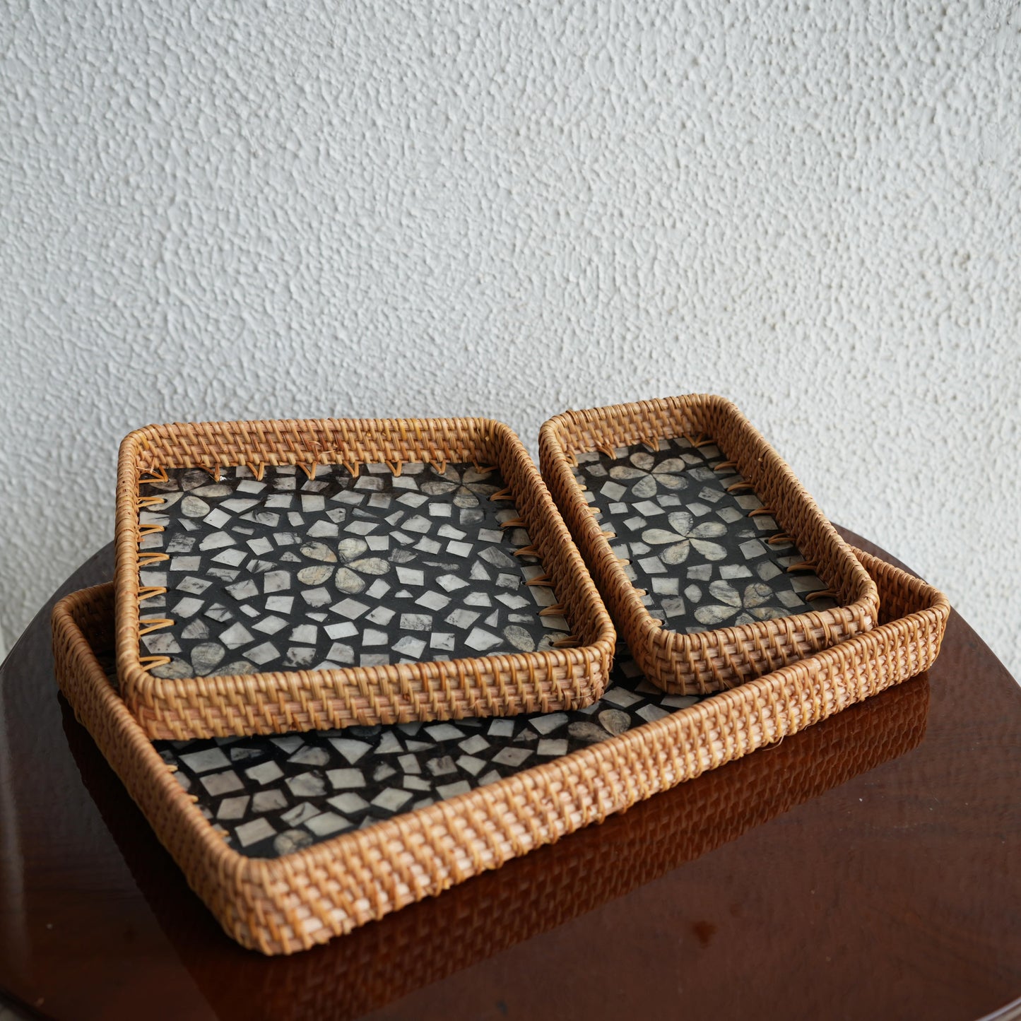 Set of 3 Mother-of-Pearl & Cane Serving Tray - Noir
