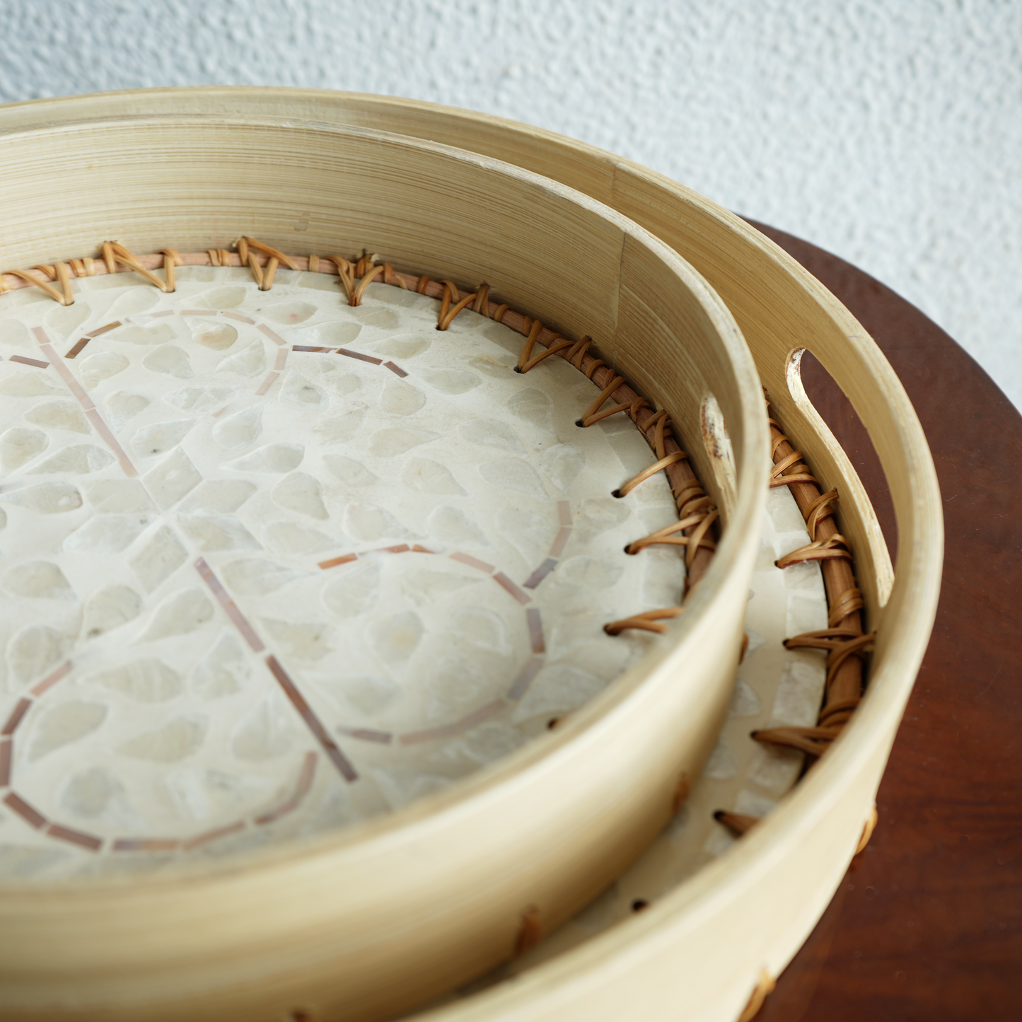 Regular Round Mother-of-Pearl & Cane Serving Tray -Pearl White