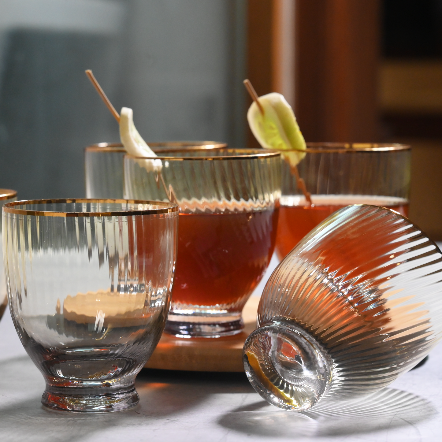 Yellow Tinted Ribbed Glass- Short- Set of 6