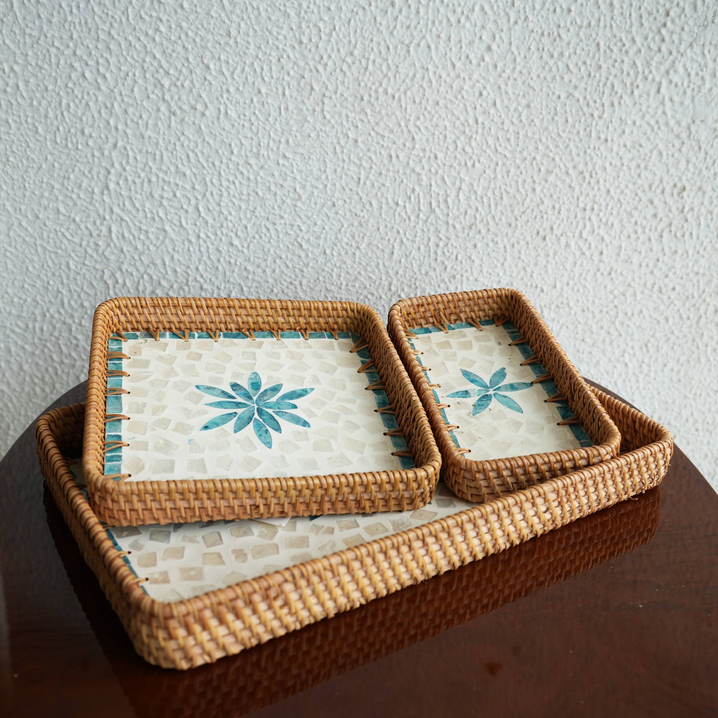 Set of 3 Mother-of-Pearl & Cane Serving Tray - Aqua