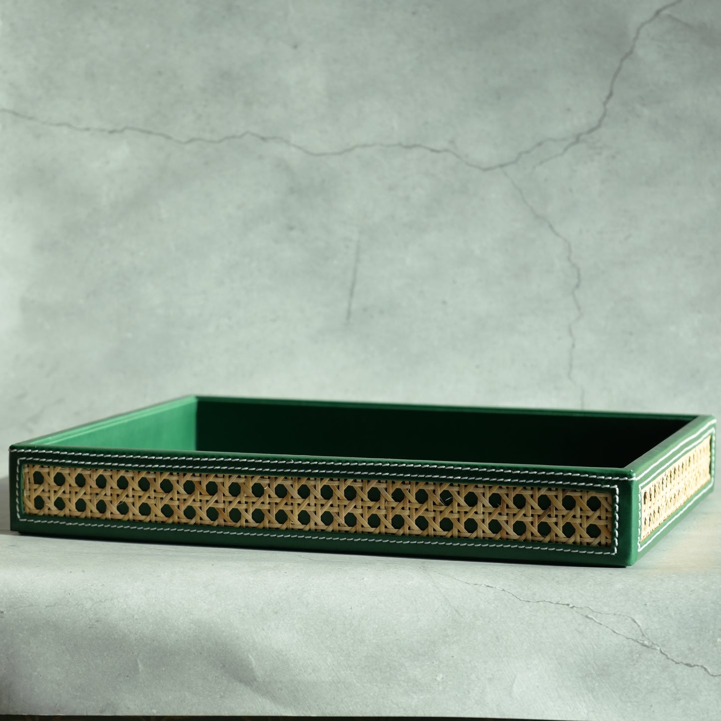 Emerald Green PU Leather & Rattan Serving Tray - Large