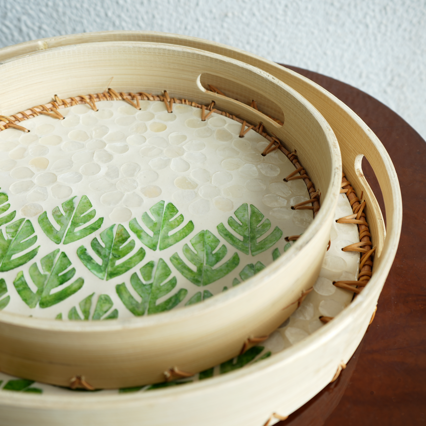 Large Round Mother-of-Pearl & Cane Serving Tray - Botanic