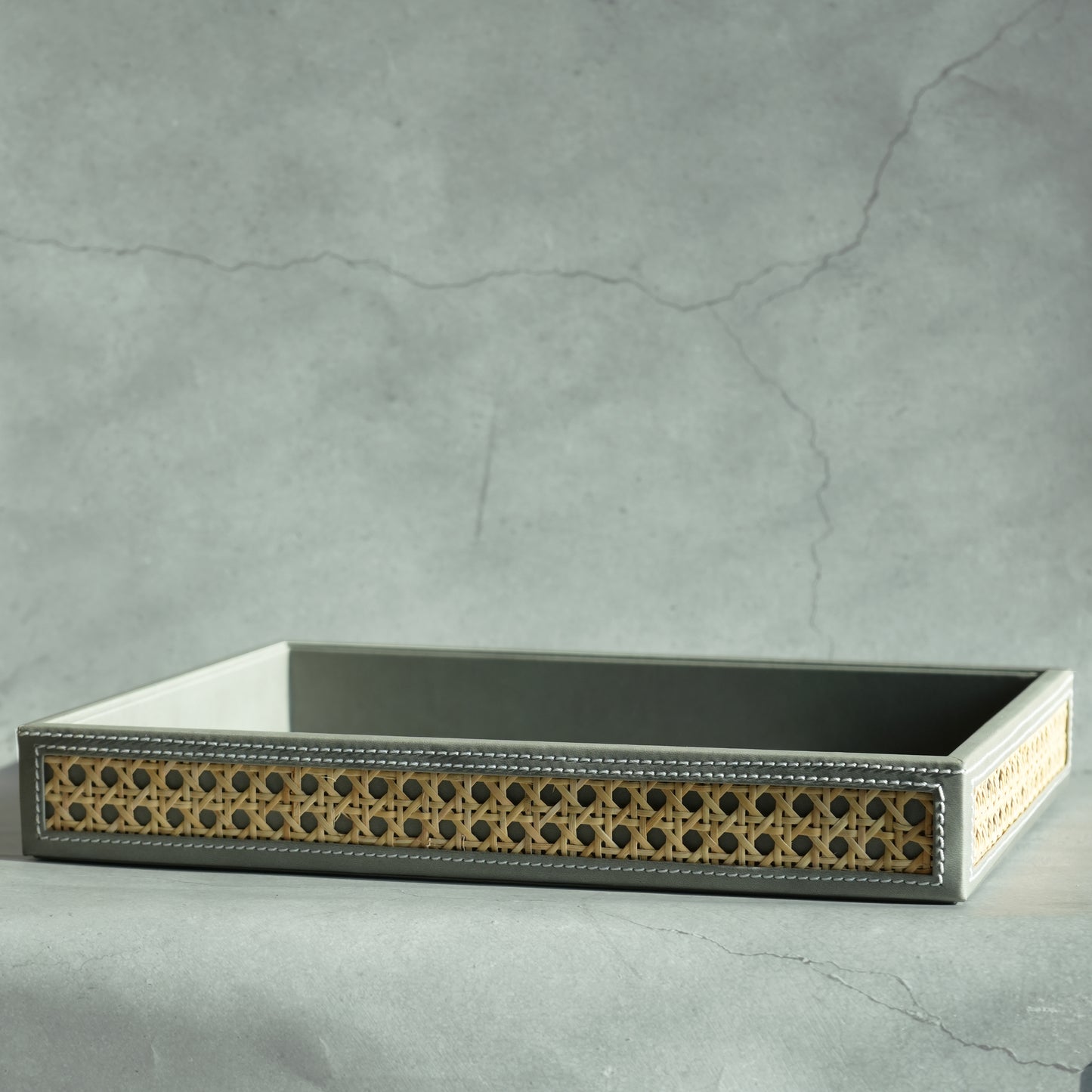 Stone Gray PU Leather & Rattan Serving Tray - Large