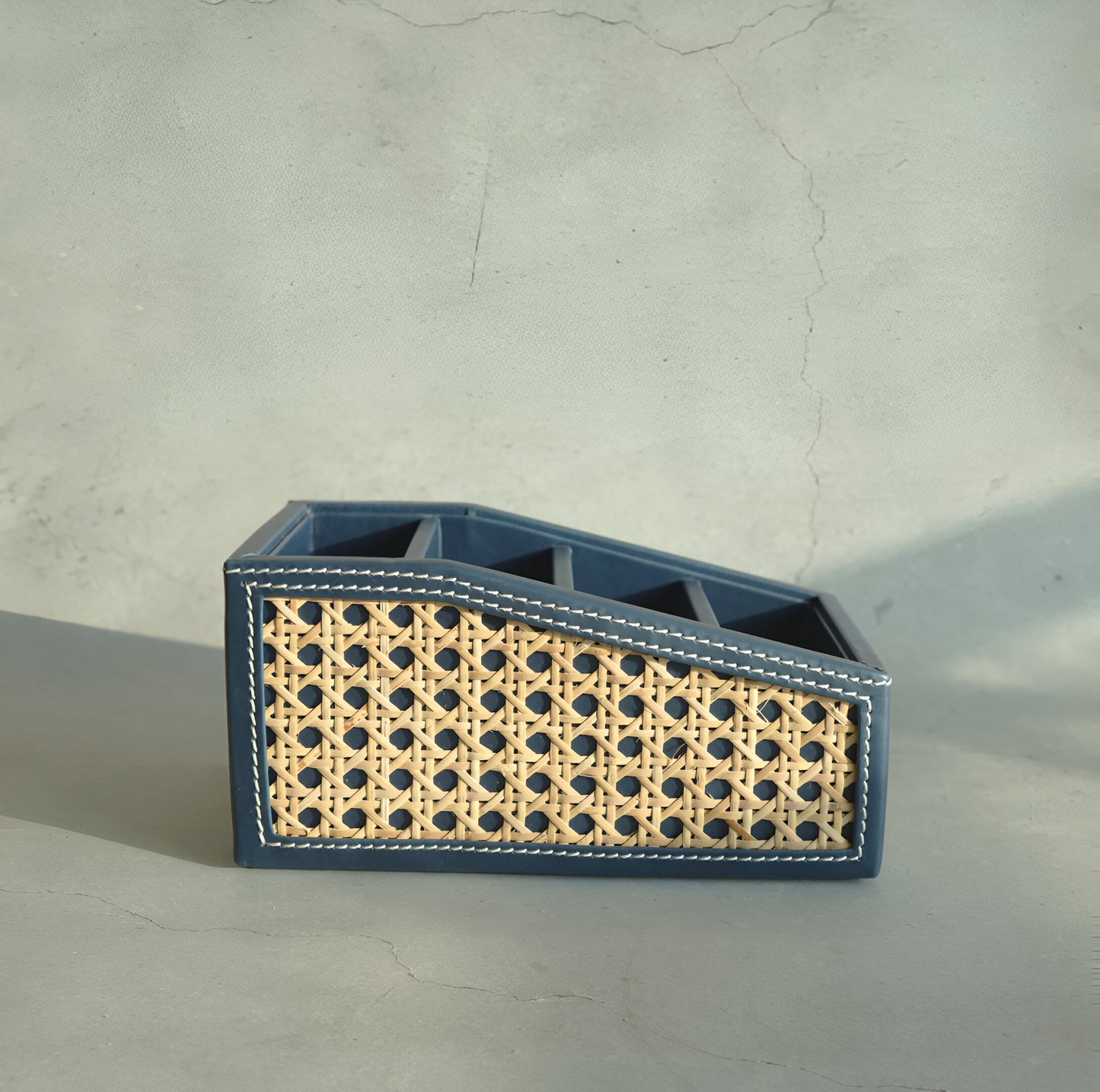 Steel Blue PU Leather & Rattan Remote Control Organiser