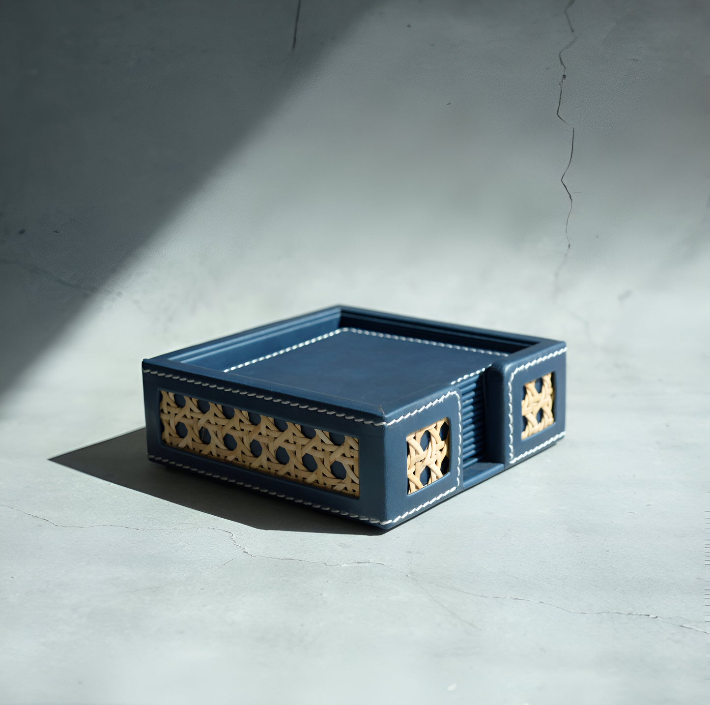 Steel Blue PU Leather & Rattan Coasters - Set of 6