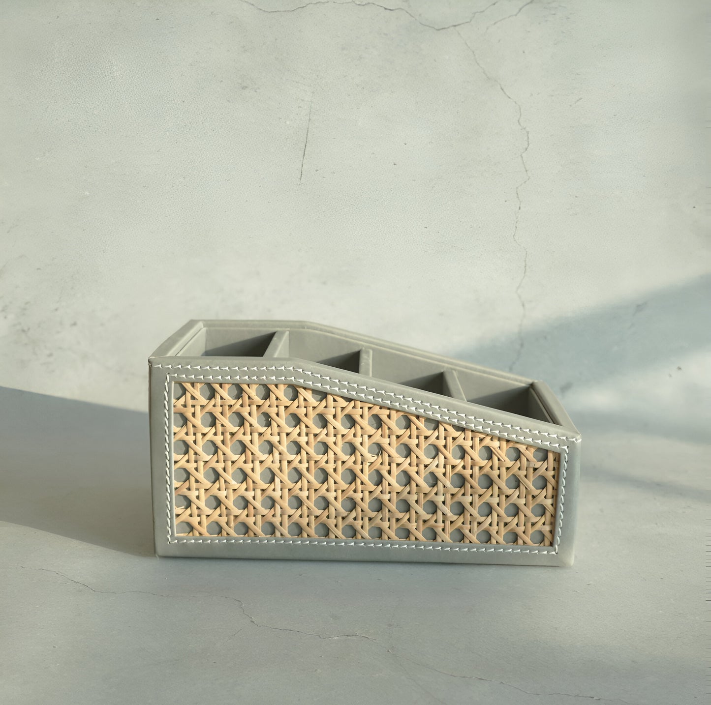 Stone Gray PU Leather & Rattan Remote Control Organiser