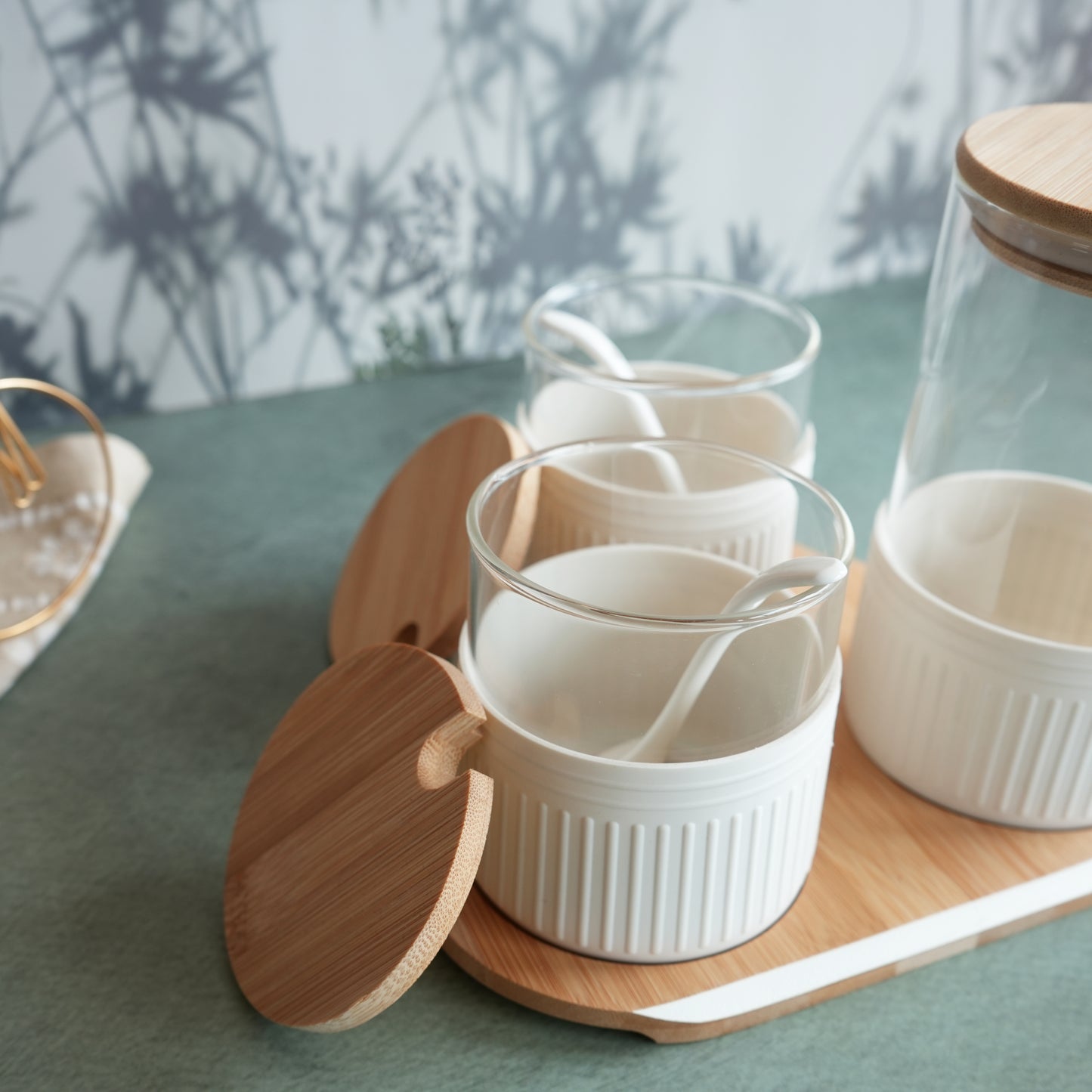 Set of 2 Wooden Pickle Jars with Oil Dispenser- Gray