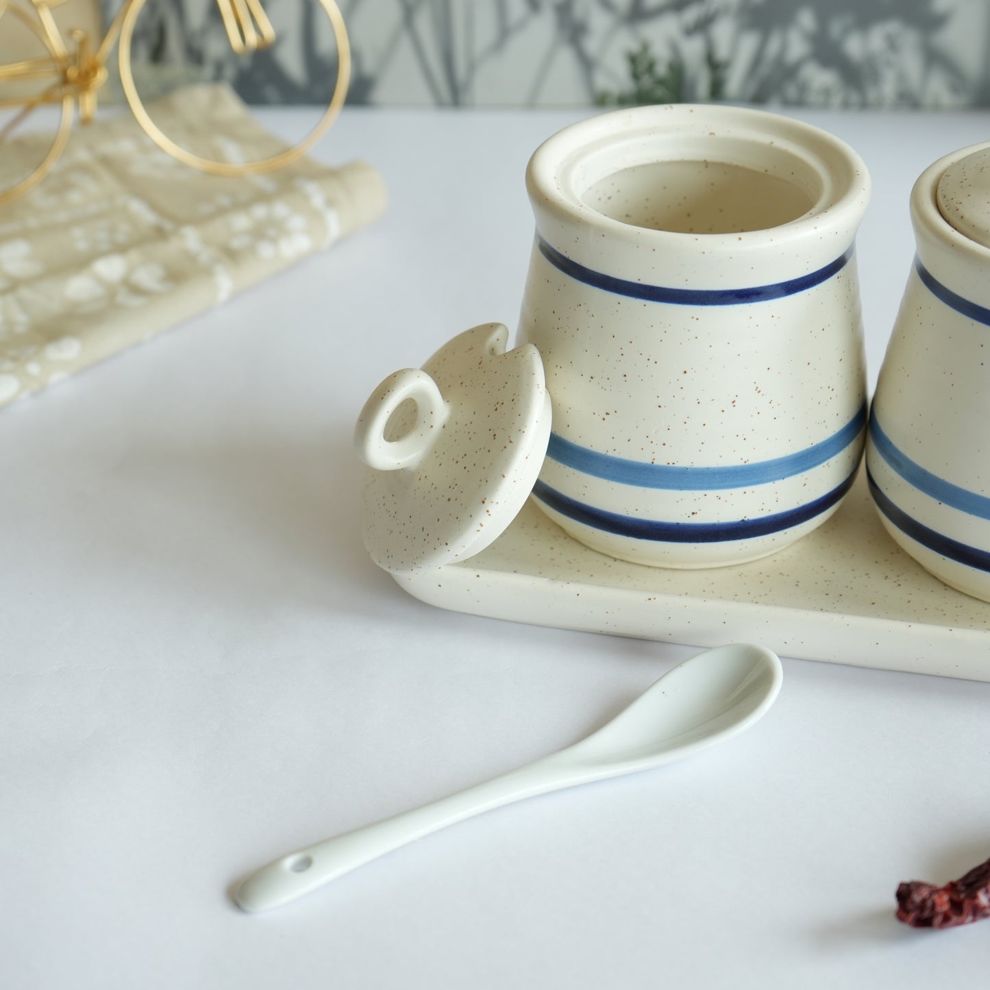 Set of 3 Ceramic Pickle Jars- White & Blue