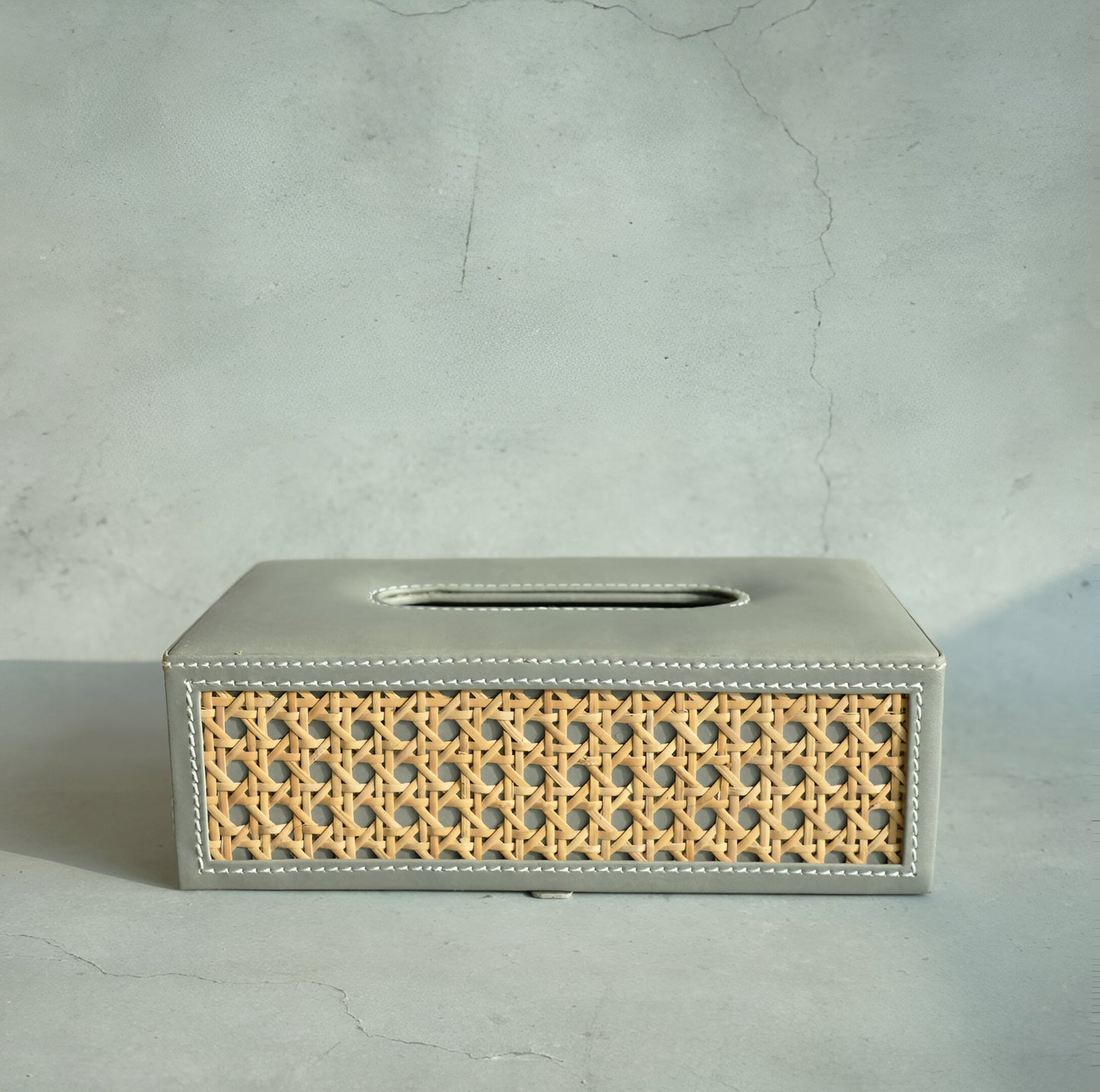 Stone Gray PU Leather & Rattan Tissue Box - Rectangle