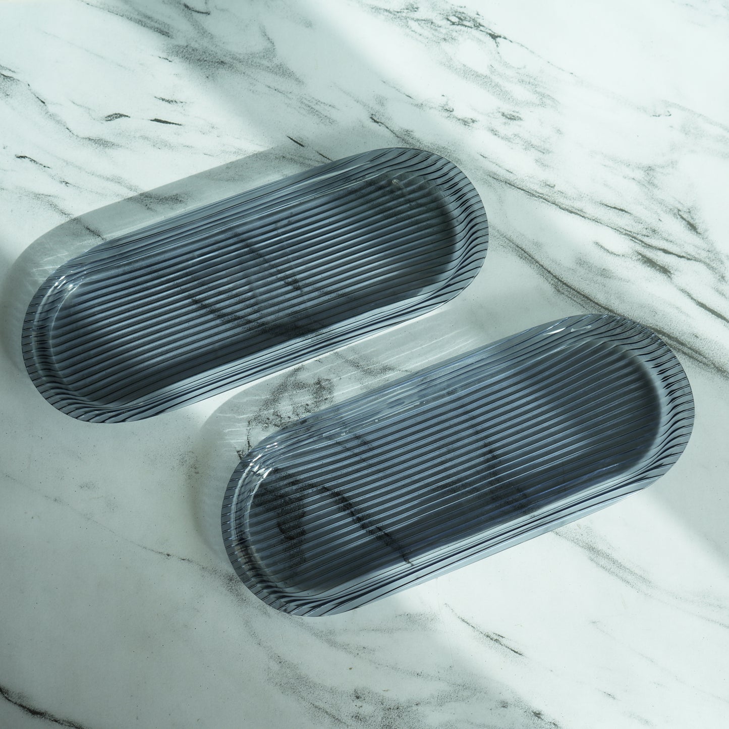 Aqua Ribbed Acrylic Oblong Serving Tray- Pack of 2