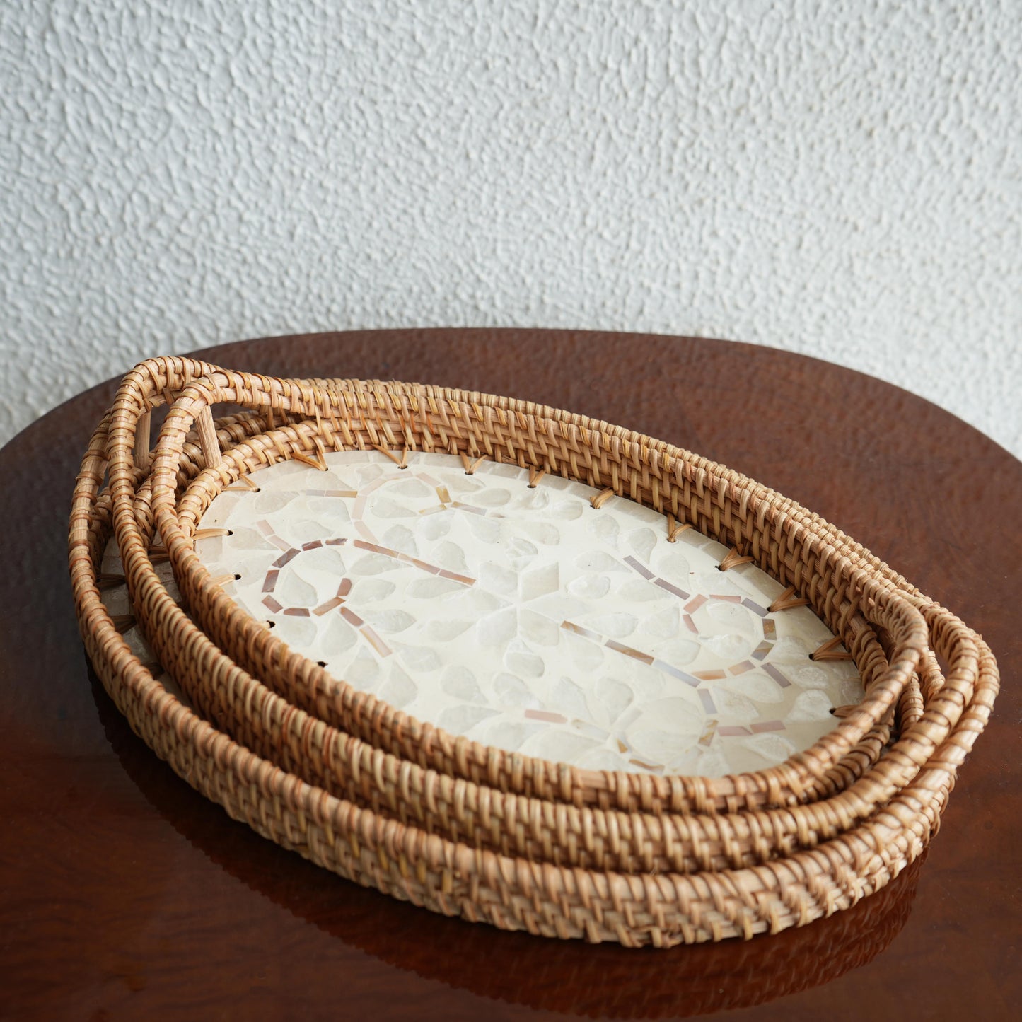 Small Oval Mother-of-Pearl & Cane Serving Tray - Pearl White