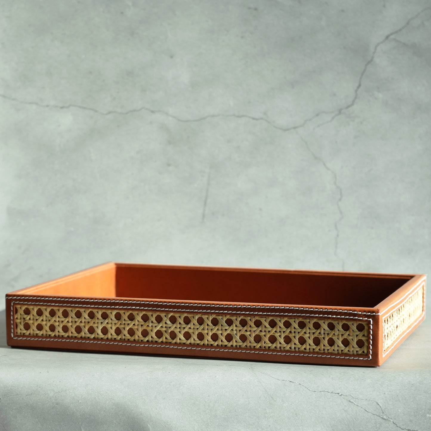 Tan Brown PU Leather & Rattan Serving Tray - Large