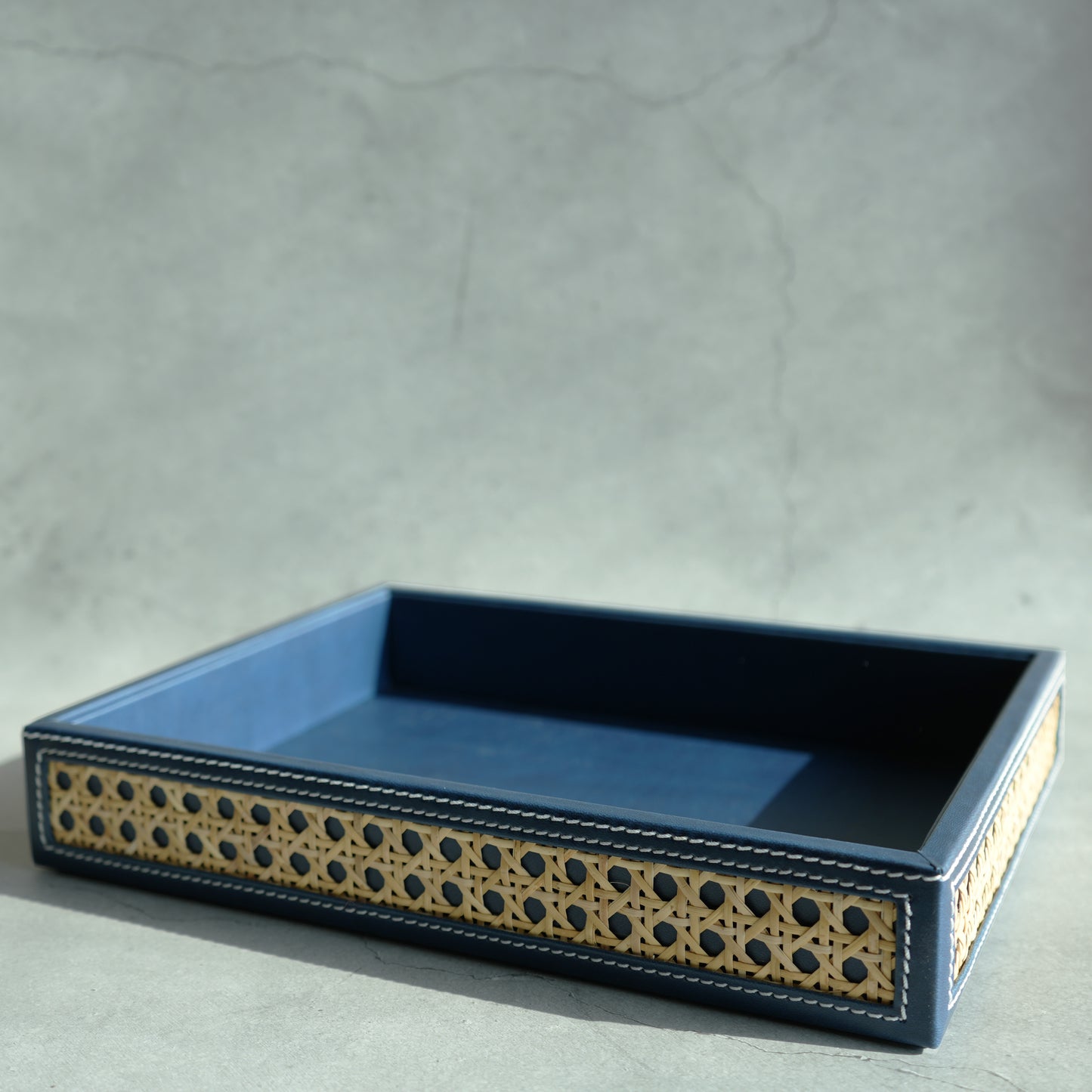 Steel Blue PU Leather & Rattan Serving Tray - Medium