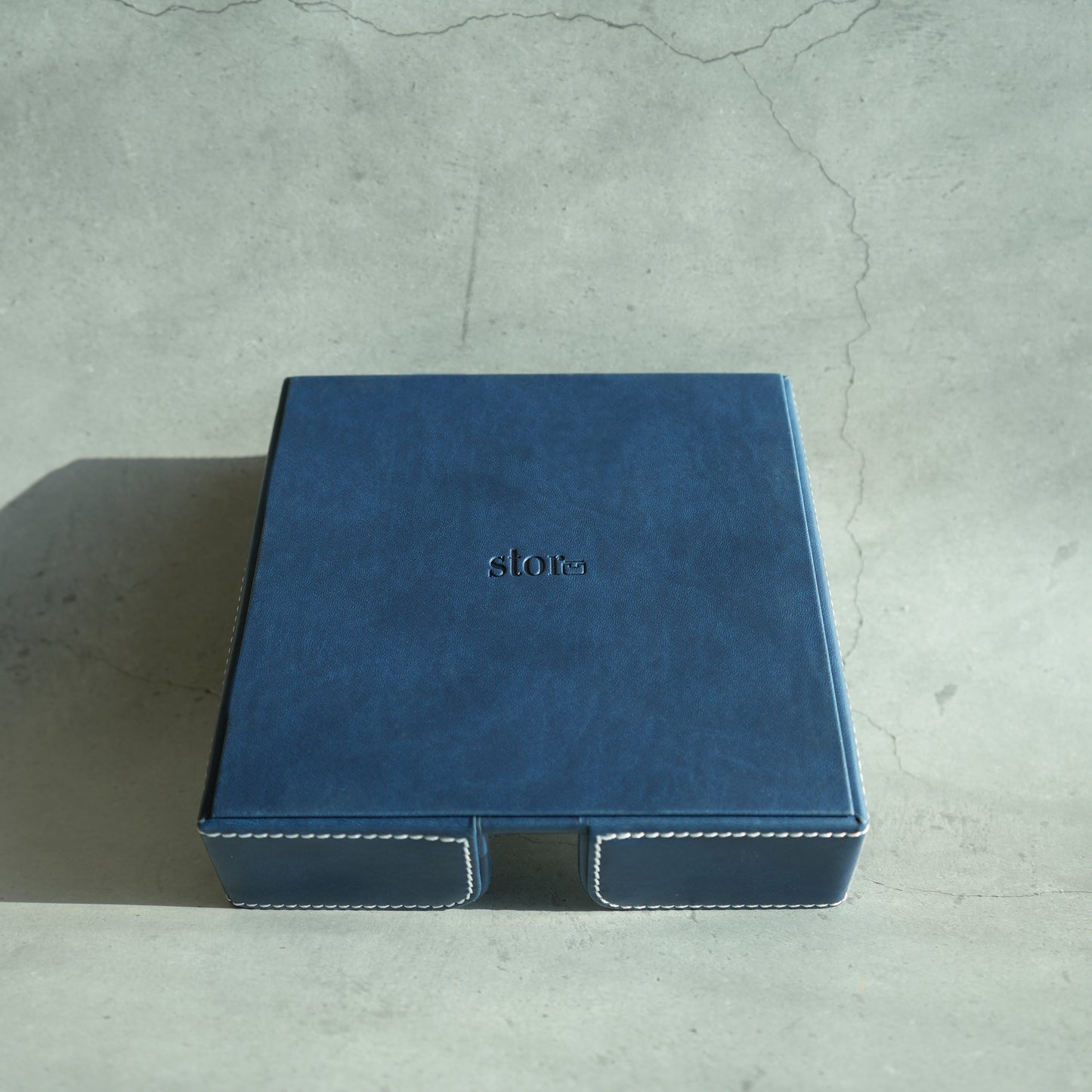 Steel Blue PU Leather & Rattan Tissue Holder with Weighted Bar