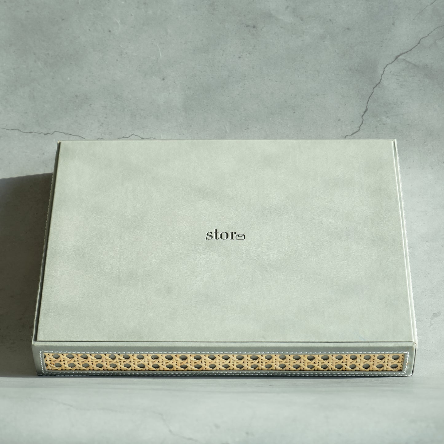 Stone Gray PU Leather & Rattan Serving Tray - Large
