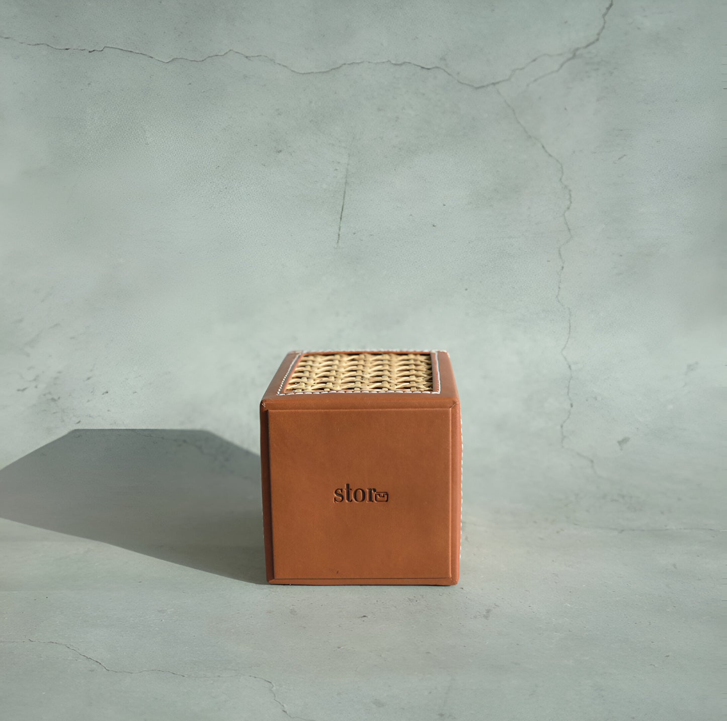 Tan Brown PU Leather & Rattan Stationery Holder