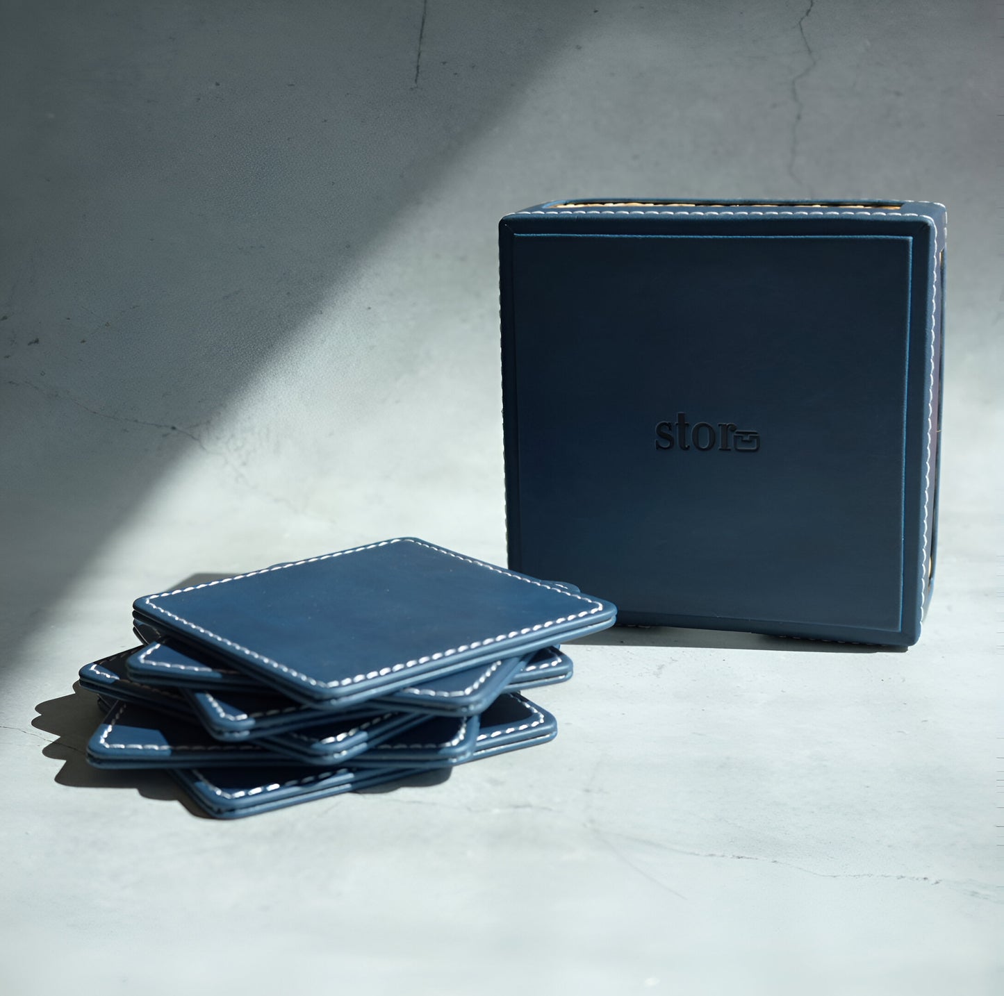 Steel Blue PU Leather & Rattan Coasters - Set of 6