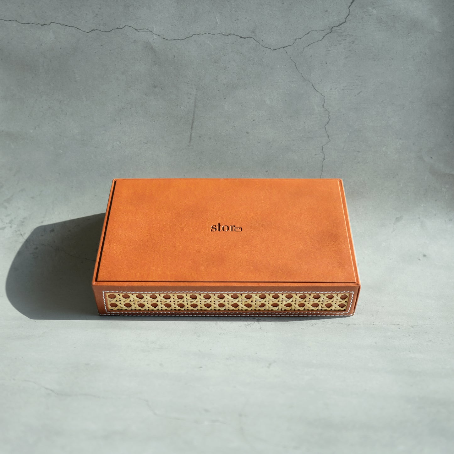Tan Brown PU Leather & Rattan Serving Tray - Small