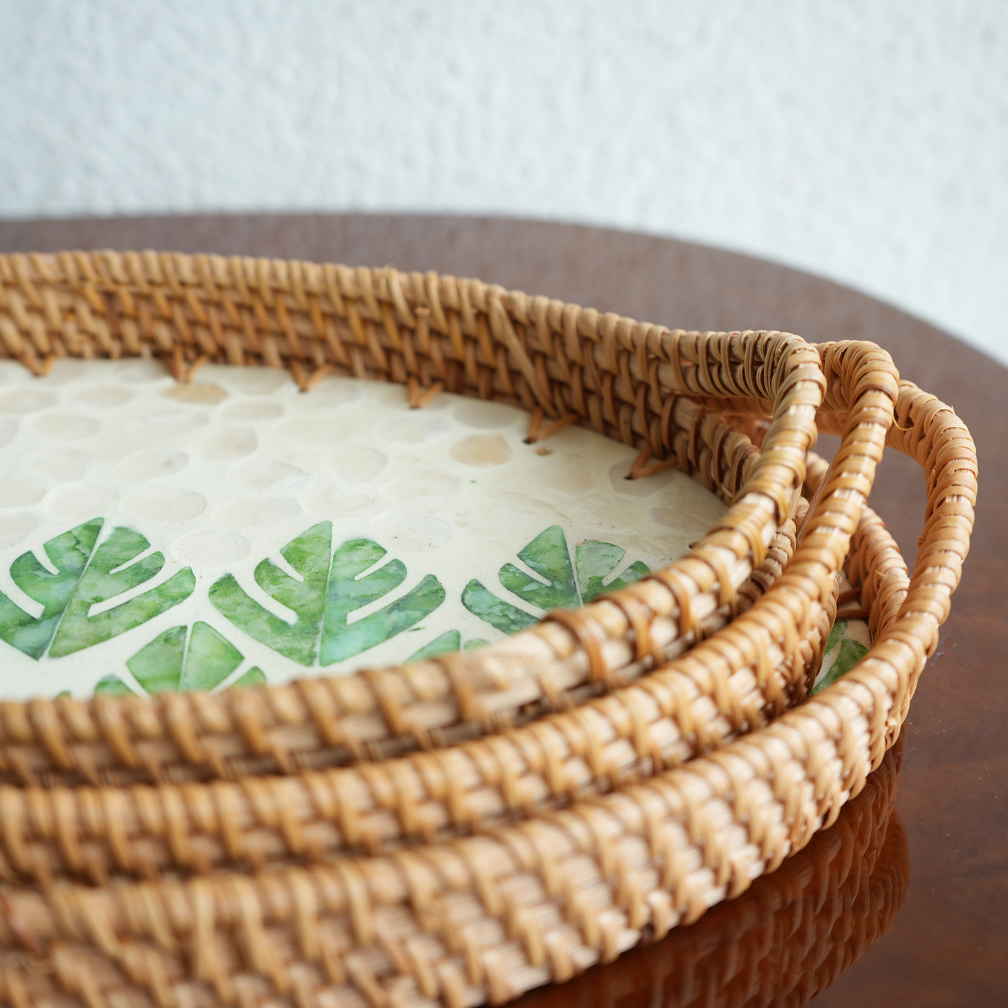 Large Oval Mother-of-Pearl & Cane Serving Tray - Botanic