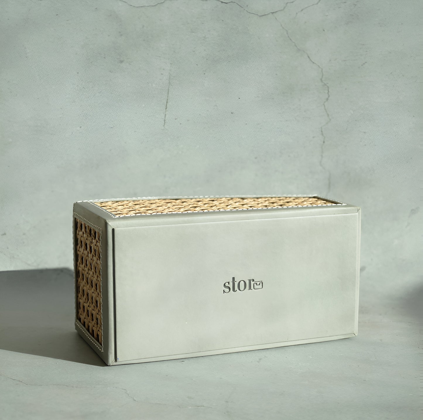 Stone Gray PU Leather & Rattan Remote Control Organiser