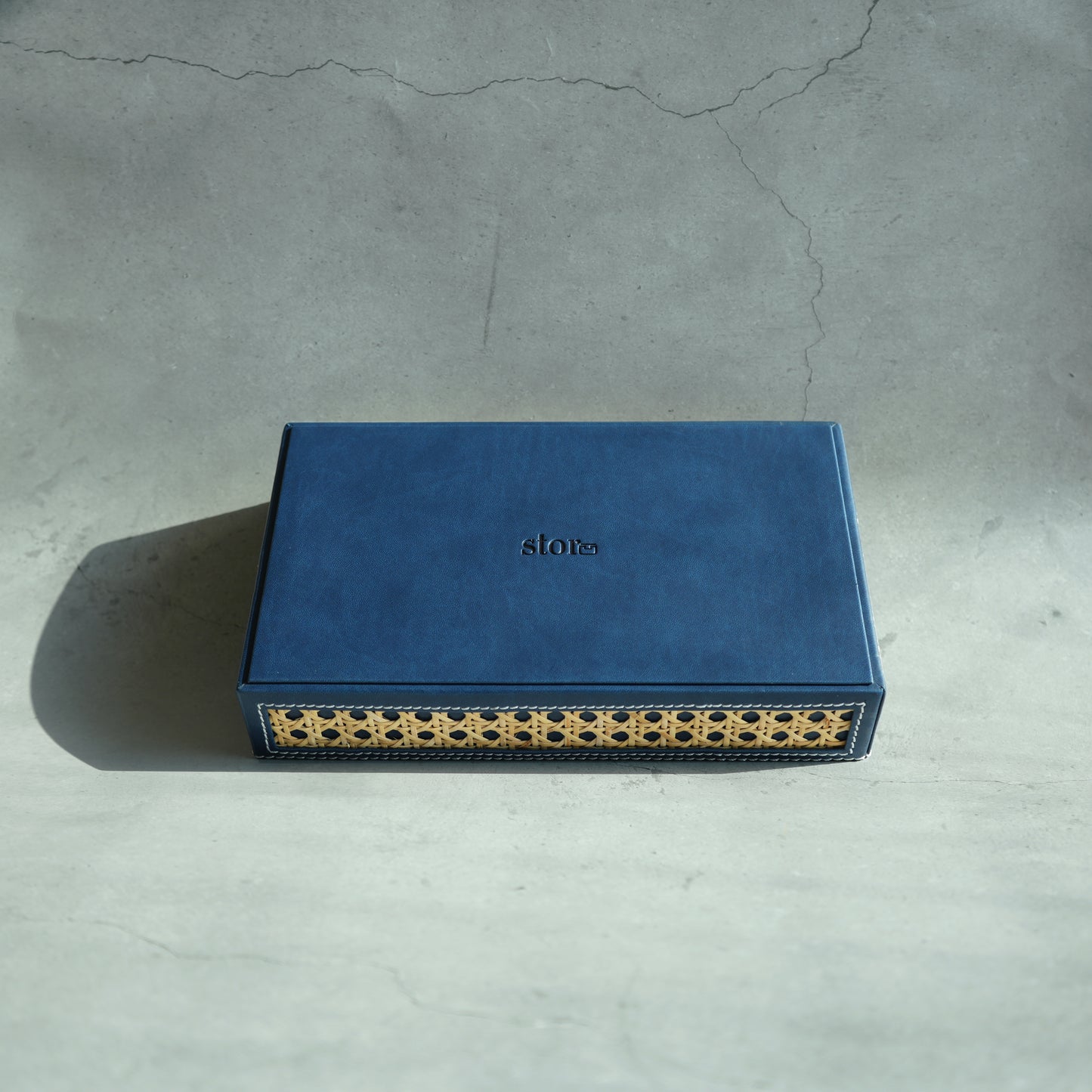 Steel Blue PU Leather & Rattan Serving Tray - Small