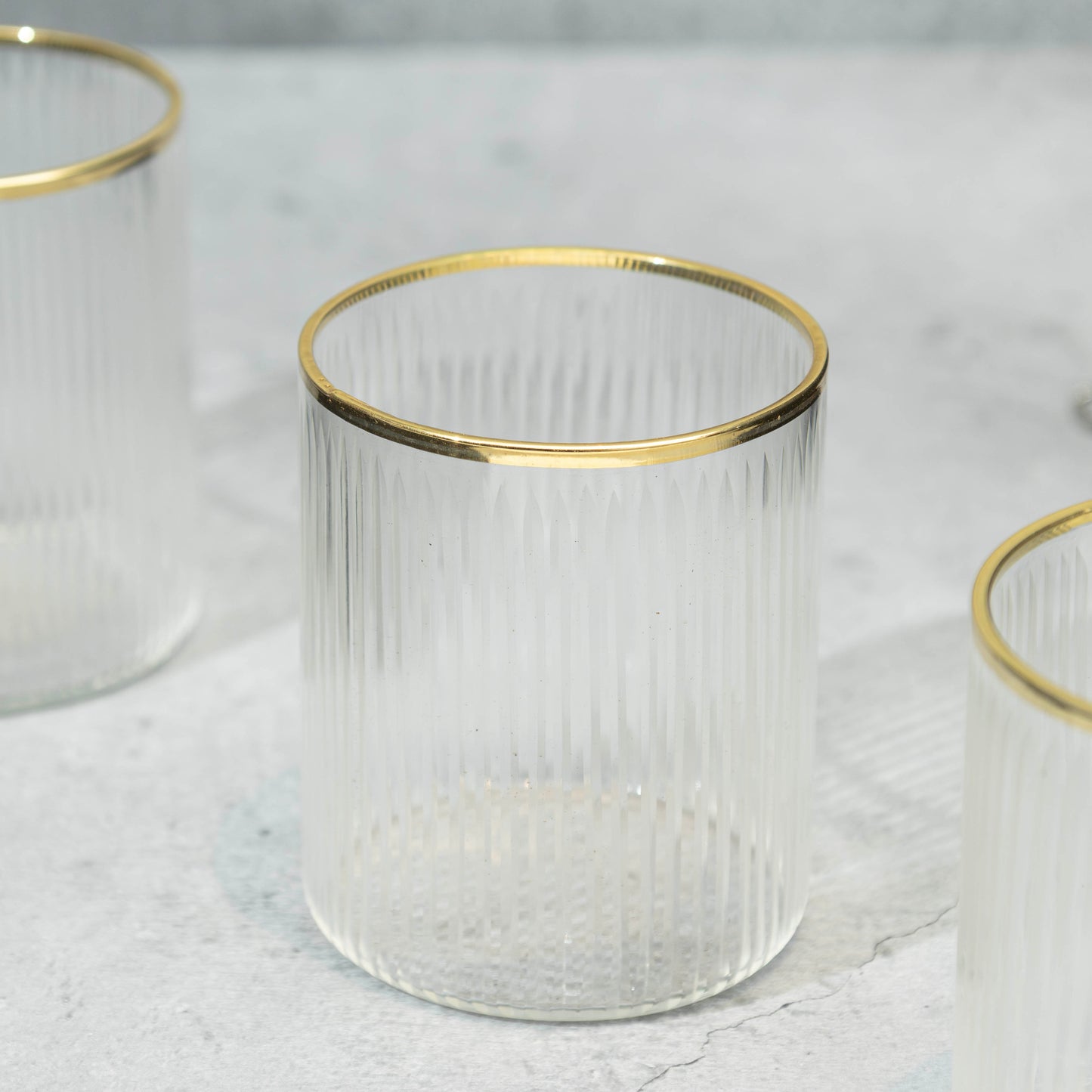 Short Clear Ribbed Cocktail Glass with Gold Rim- Set of 6